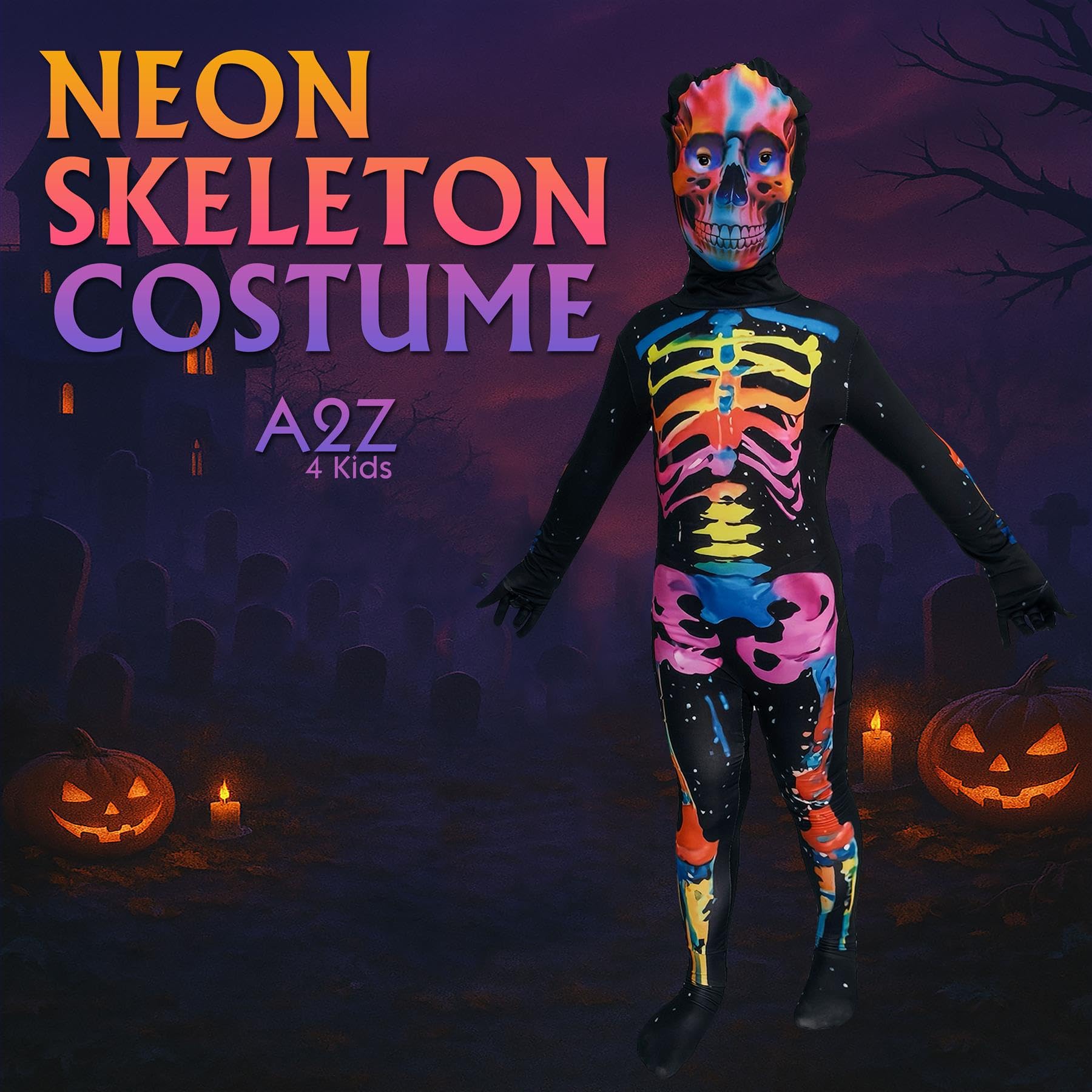 A2Z 4 Kids Kostium neonowego szkieletu dla chłopców i dziewczynek, na Halloween, fantazyjna sukienka z maską czaszki, czarny, świecący szkielet, jednoczęściowe body na imprezy typu cukierek albo