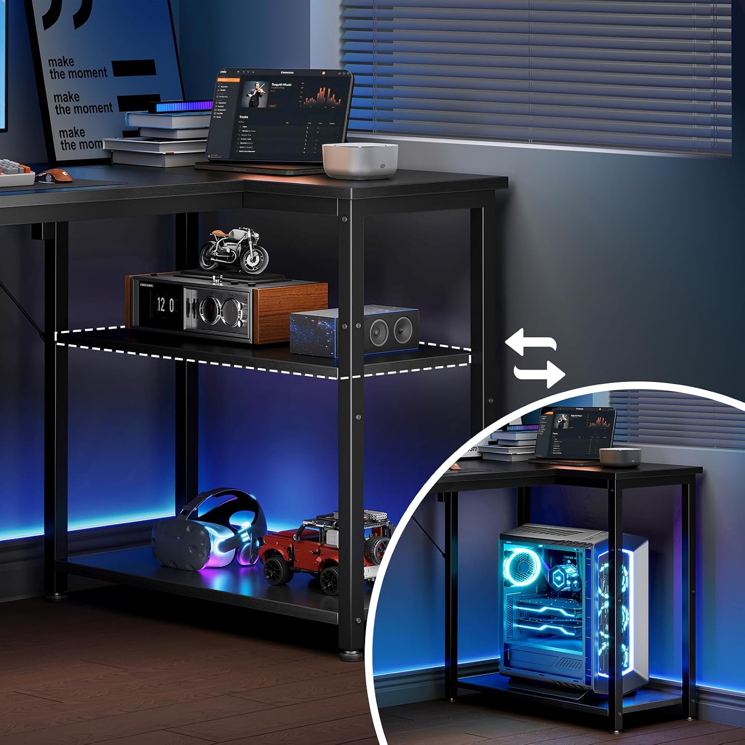 Image demonstrating the reversible nature of the Coleshome desk's storage shelf, showing it configured on both left and right sides.