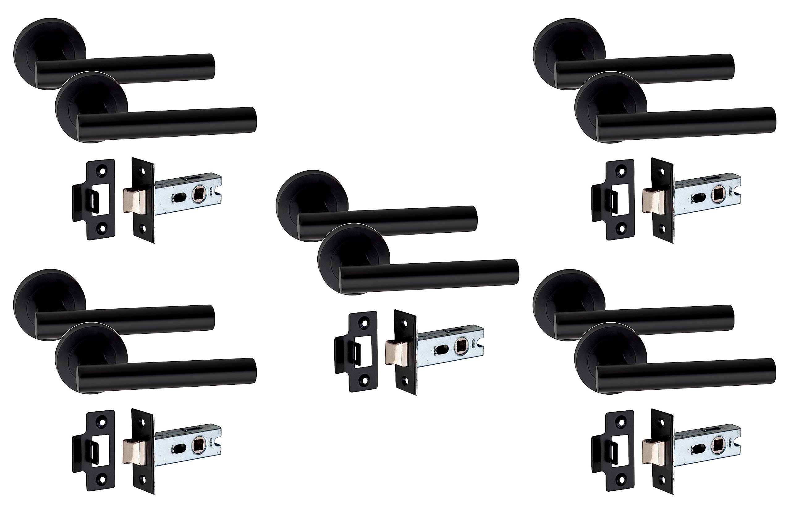 Golden Grace Straight T-Bar Design Door Handles on Round Rose with 2.5" Tubular Latch in Matt Black Finish, 5 Pairs - 52mm Diameter