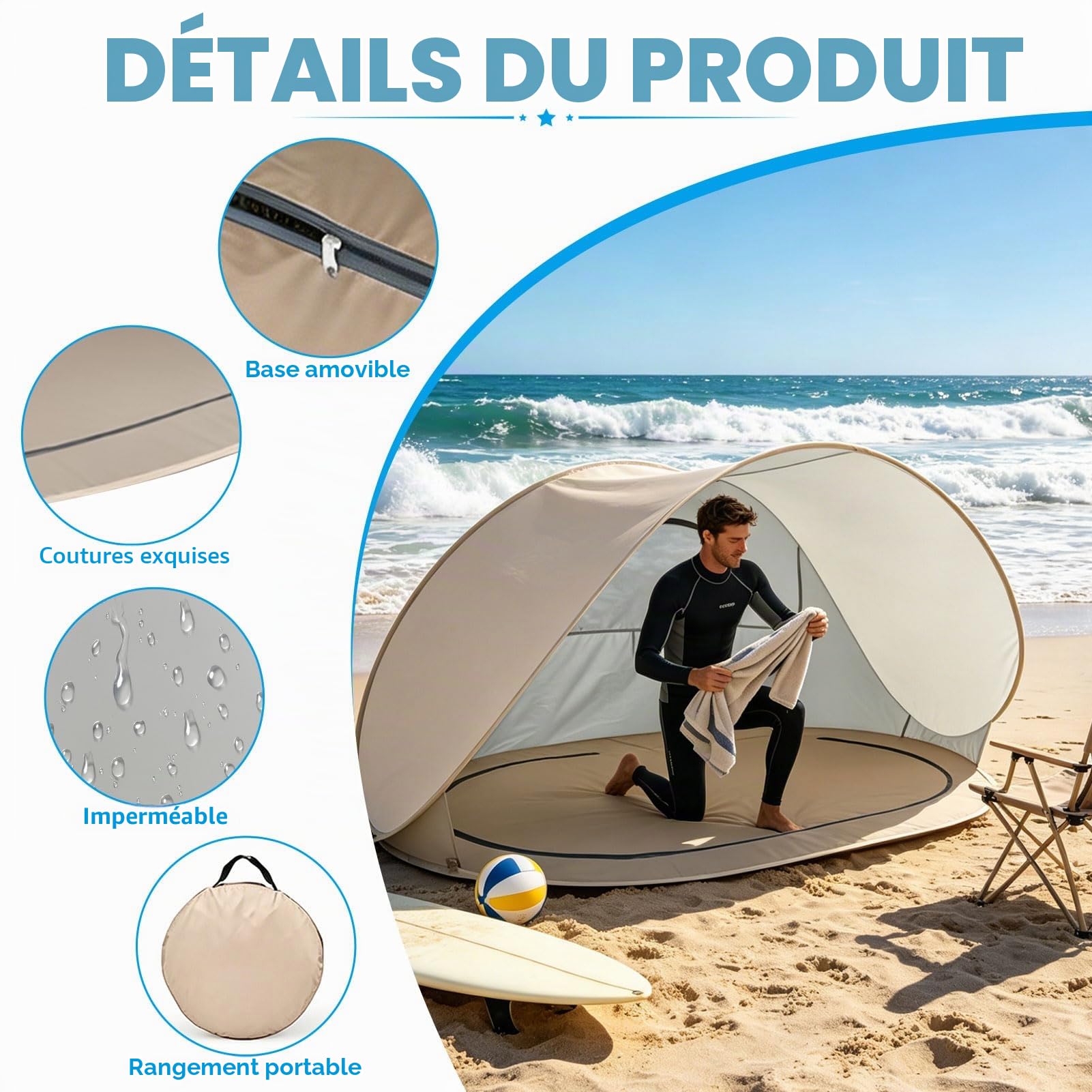 Tente de plage pop-up améliorée, tente de plage portable pour 3 à 4 personnes, fond amovible, abri de plage protection UV 50, tente de plage coupe-vent pour protection solaire, plage, jardin (beige)