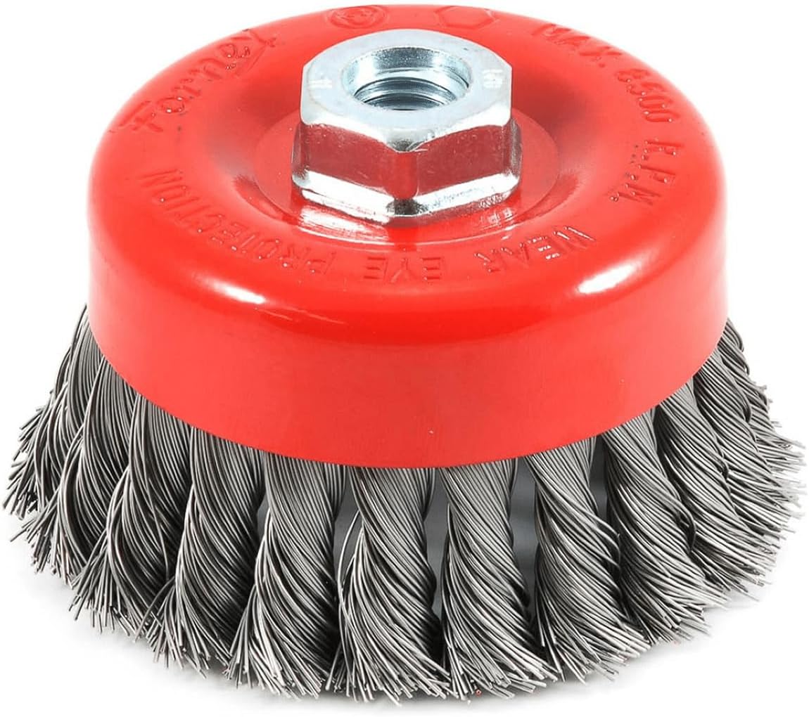 Forney, 72753, 4-Inch Knotted Wire Cup Brush – 5/8-11 Threaded Arbor – .020-Inch Carbon Steel – Heavy Duty Twist Knot Brush for 4-1/2" and 5" Angle Grinders