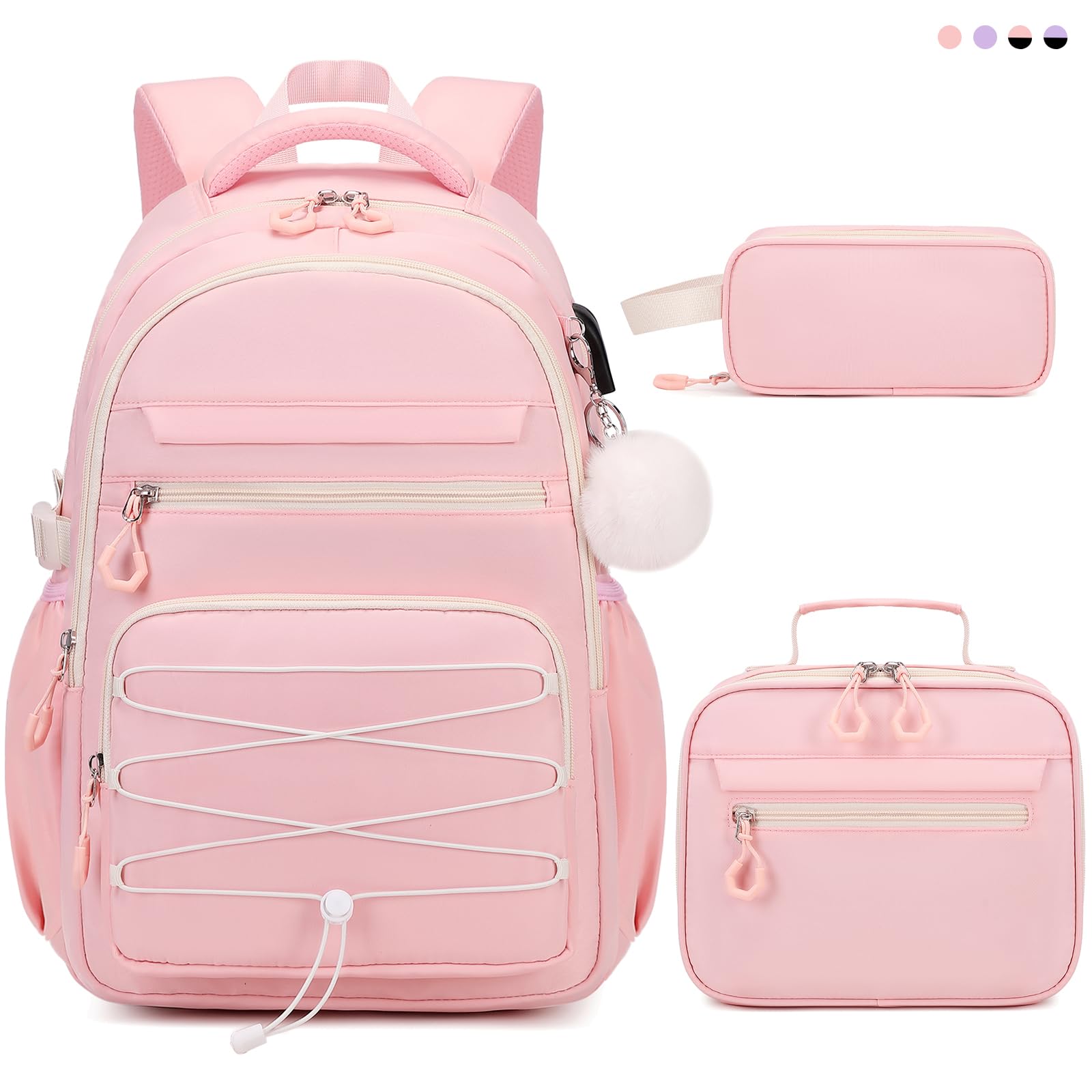DIGOBAY Backpack for Girls, 3 PCS Girls Backpack with Lunch Box, Pencil Cace Set for Teen Girl Kids, Bookbag School Backpacks for Elementary Middle