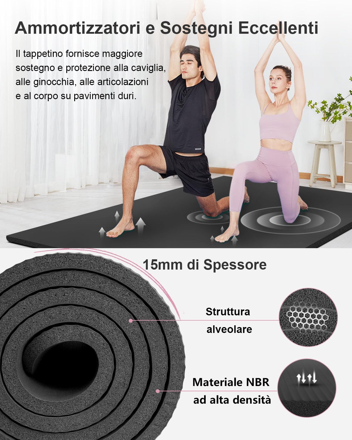 RYTMAT Tappetino Palestra Grande 200x130cm Spesso 15mm/10mm NBR Tappetino Yoga Mat Antiscivolo Tappetino Fitness Pilates Ginnastica Esercizi Addominali
