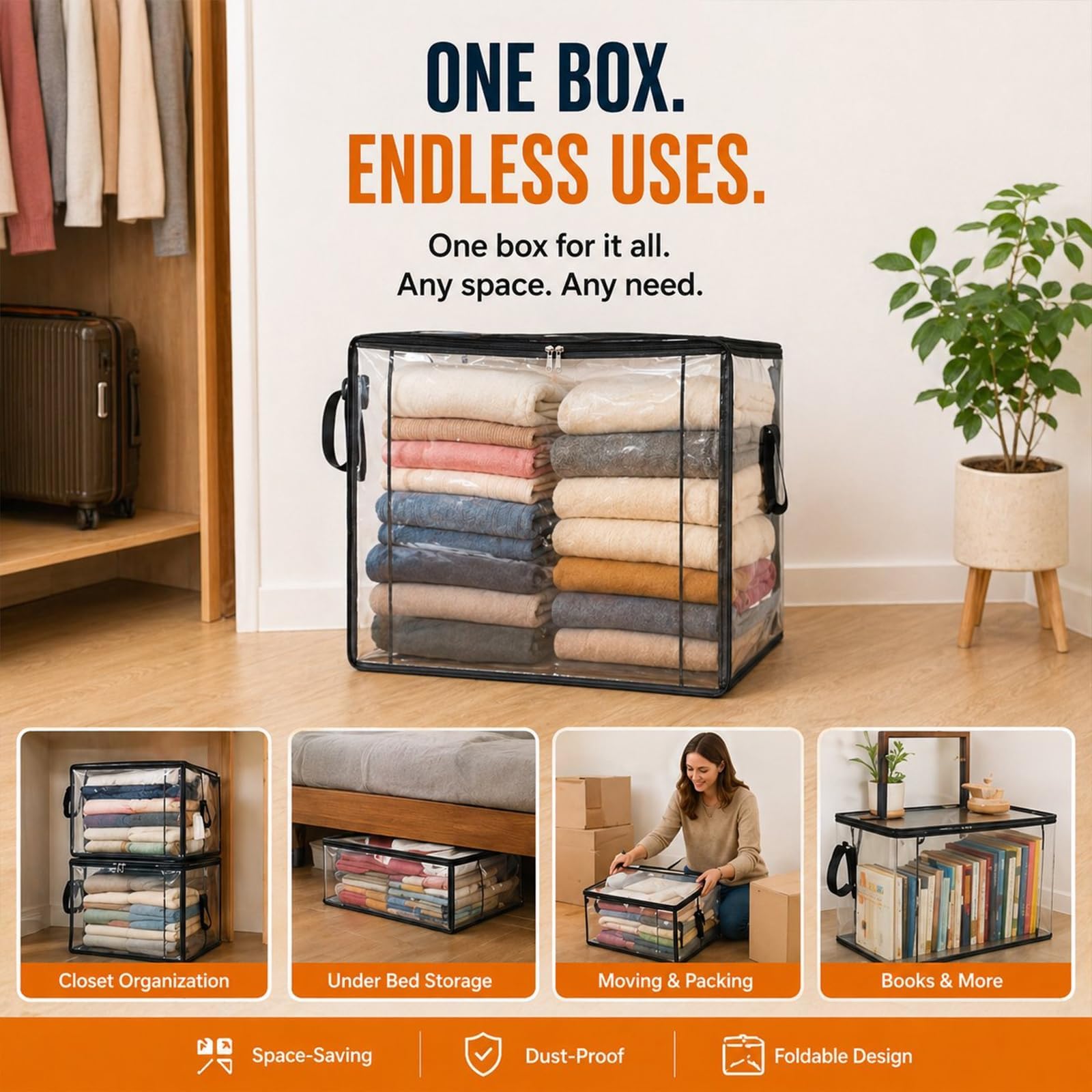 Grande Contenitore Trasparente in Plastica Spessa con Coperchio a Cerniera – Organizer Robusto, Durevole e ad Alta Capacità – Ideale per Casa, Campeggio (White*4,S(9.8 × 9.4 × 12 in))