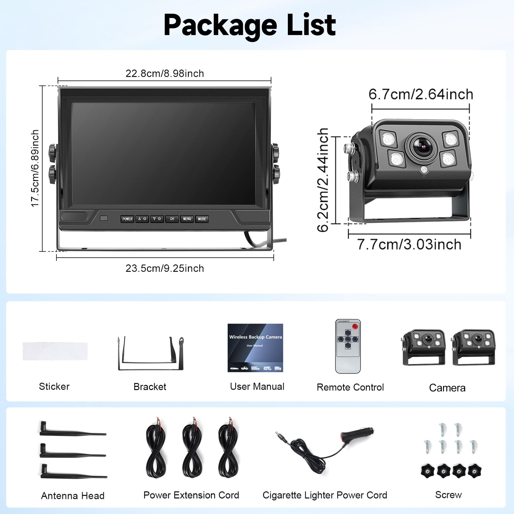 Digital Inalámbrica Cámara de Marcha Atrás Kit de Coche con 2 1080P Camara Trasera, 9 Pulgadas IPS Monitor, IP68 Impermeable, BSD, Visión Nocturna,Bucle de Vídeo, Imagen Flip