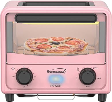 Brentwood 3 Liter Stainless Steel Mini Toaster Oven and Griddle with Timer, Adjustable Temperature, Removable Crumb Tray, and Cool Touch Handle Pink