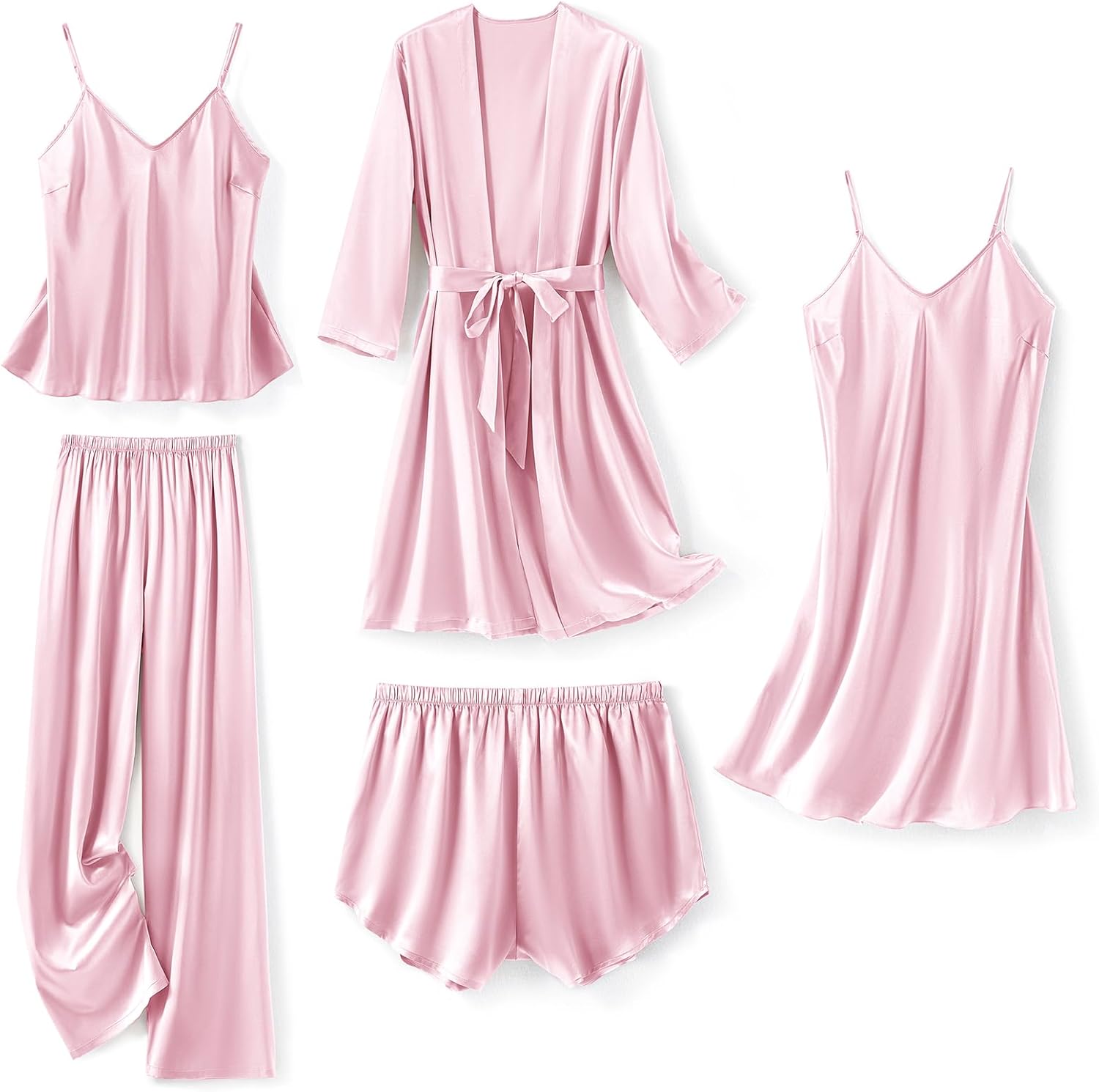 SAPJON Silk Pajamas for Women 5Pcs Sleepwear Loungewear Satin Robe Cami Shorts Pj Set