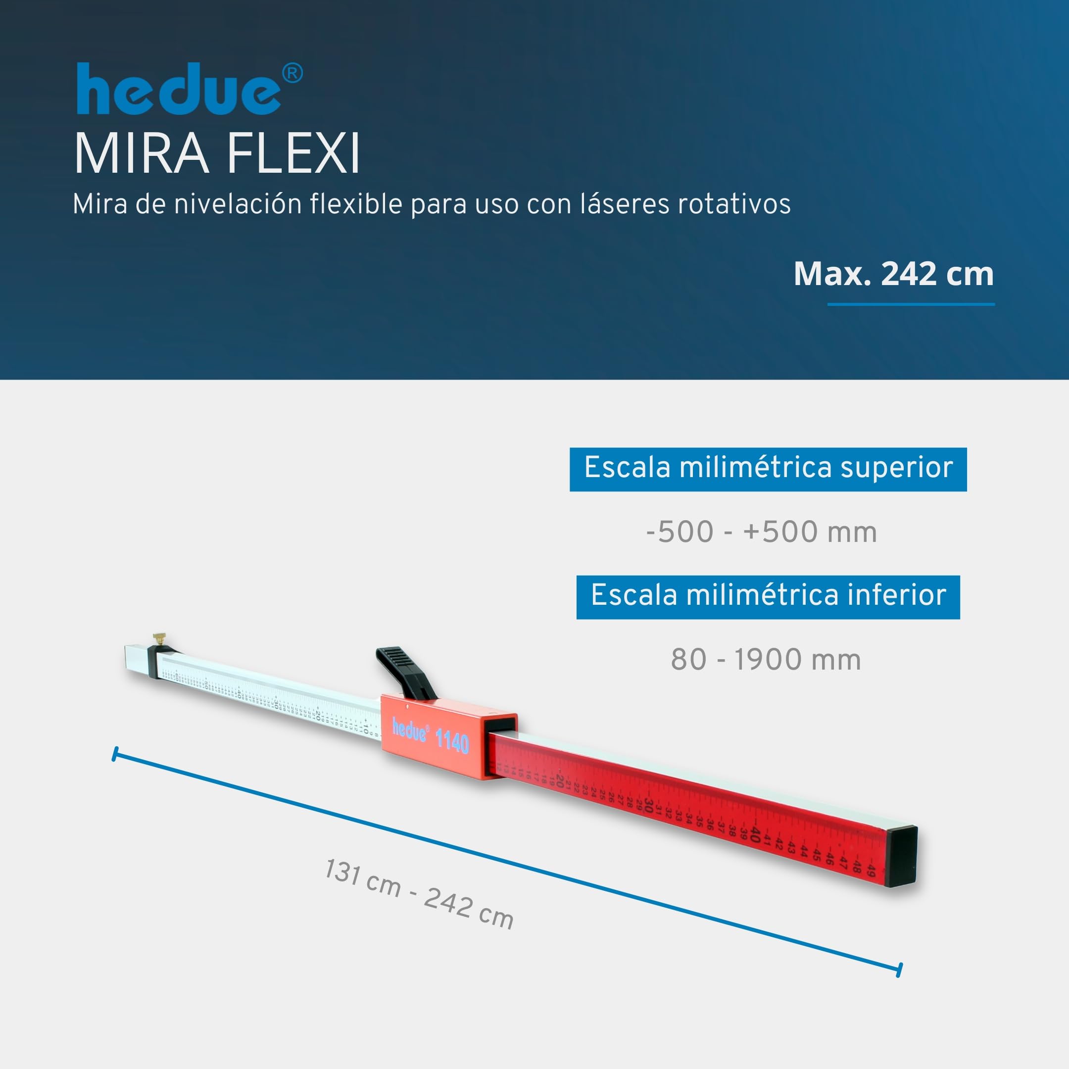 Mira Flexi - Mira topográfica para láser giratorio, varilla de medición telescópica para láser rotativo, mira de nivelación con soporte para receptor, aluminio anodizado, 1,31–2,42 m