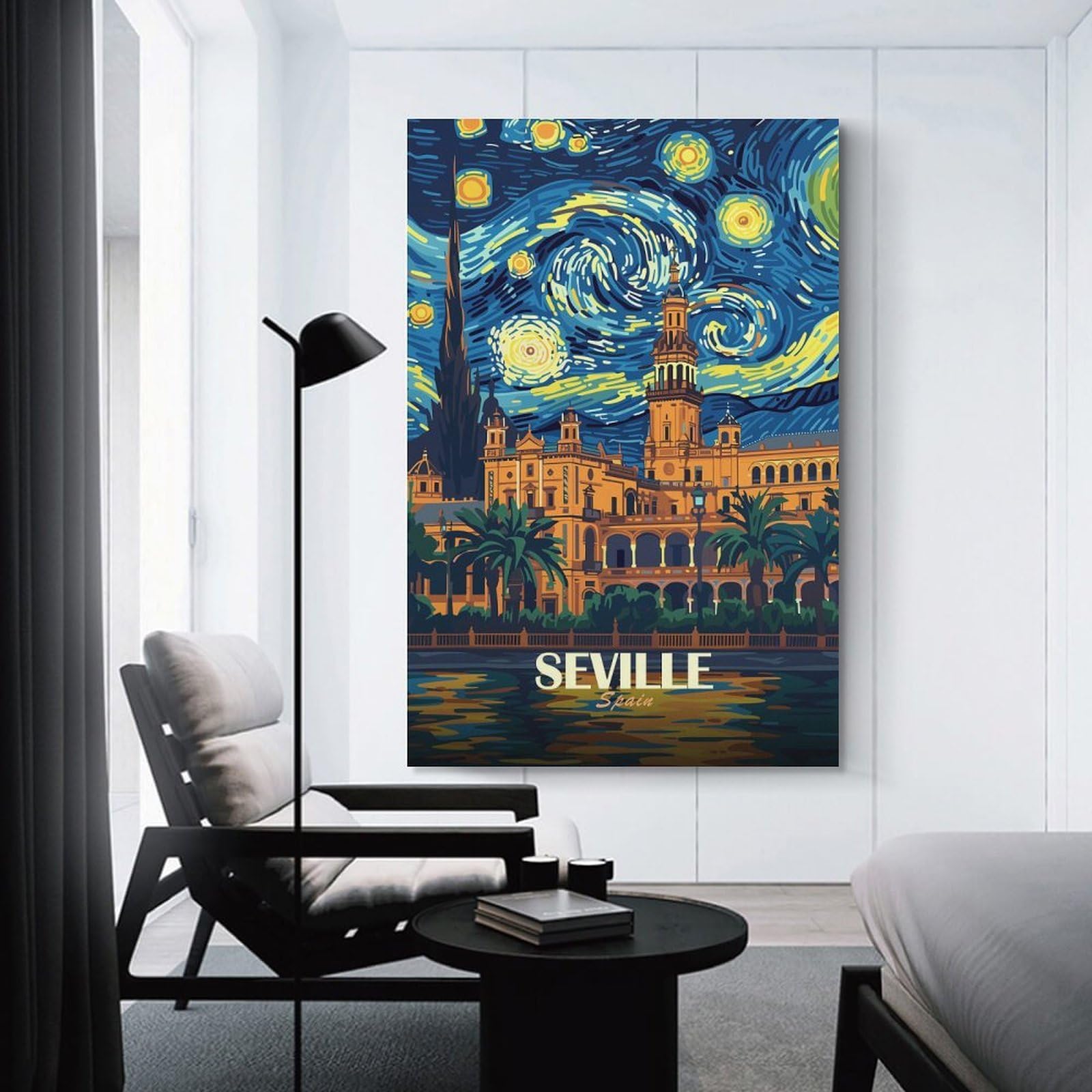 Junmoney Seville, Spain, Starry Night Style Decorative Wall Artwork 12x18inch(30x45cm), for Living Room, Bedroom, Office Or Hallway, Decorative Artwork with Broad Appeal