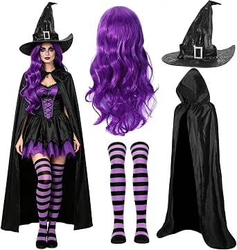 Women's Witch Costume Set with Wig, Hat, and Stockings