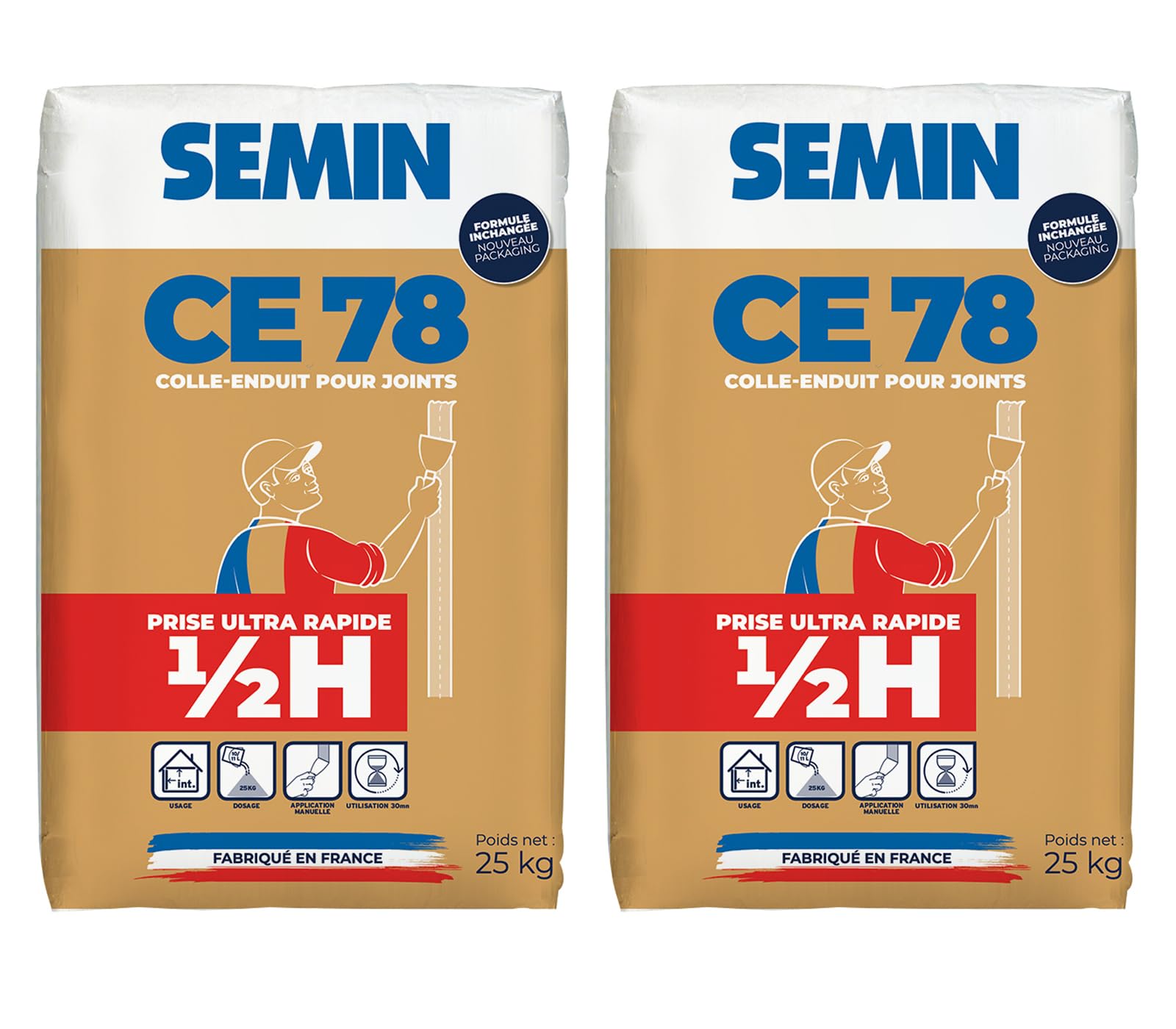 Enduit pour Joints de Plaques de Plâtre CE 78 1/2 Heure Semin, Intérieur, Sac de 25 kg (lot de 2)