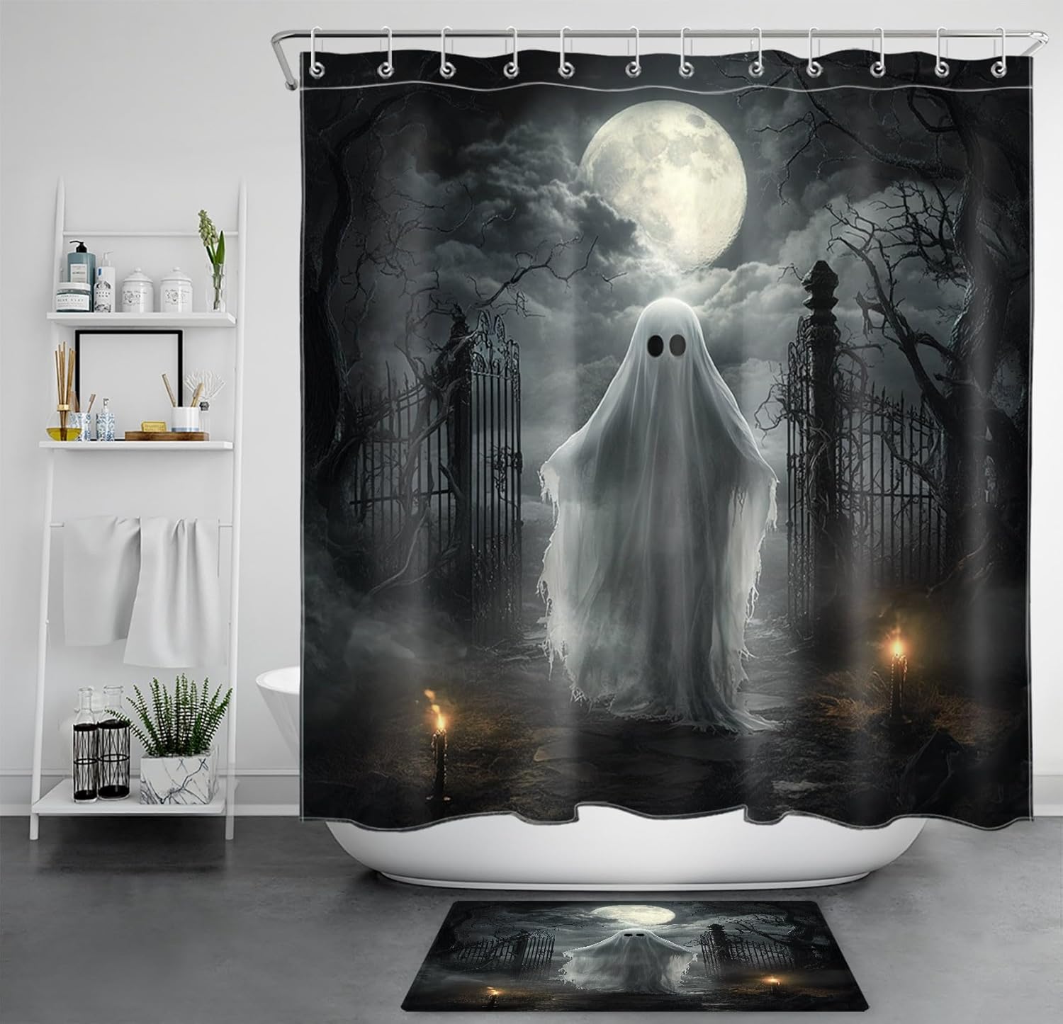Halloween Ghost Shower Curtain Set Full Moon and Dead Tree in Scary Dark Night Shower Curtains with 12 Hooks and Memory Foam Bathroom Rugs Gothic Spooky Washable Bath Curtains Shower Set