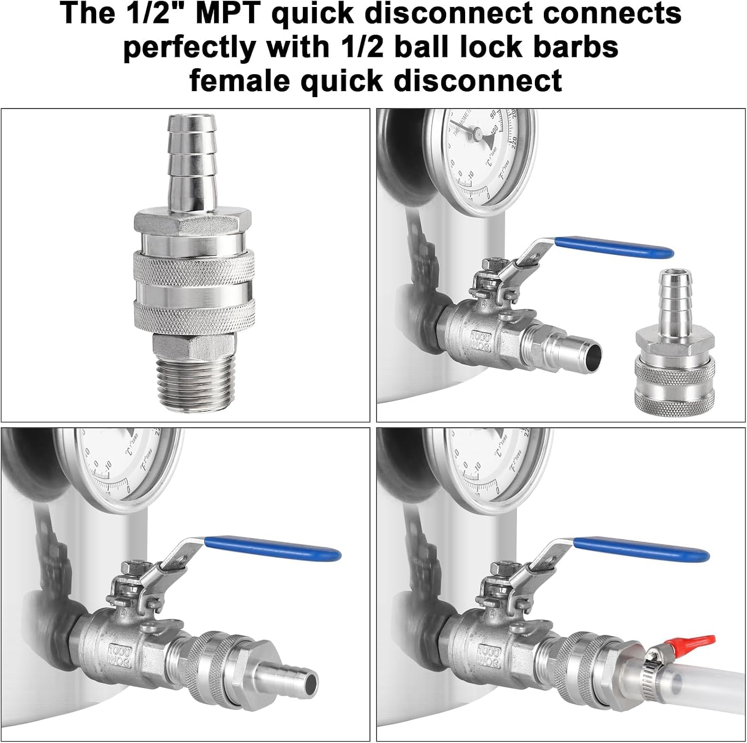 Stainless Steel Quick Disconnect Set for Homebrew 1/2 Male MPT Connector Homebrew Beer Brewing Connector Set - 1/2 Barb Female & MPT Male - 2 Pack