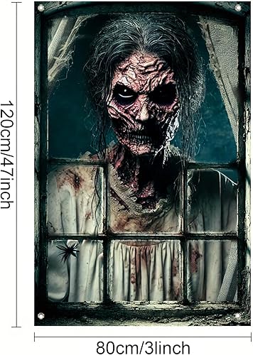 Miniatura 3 de Pancarta de ventana de Halloween de 31 x 47 pulgadas, cubierta de ventana embrujada, fantasma podrido mirando a través de ventanas viejas y sucias,