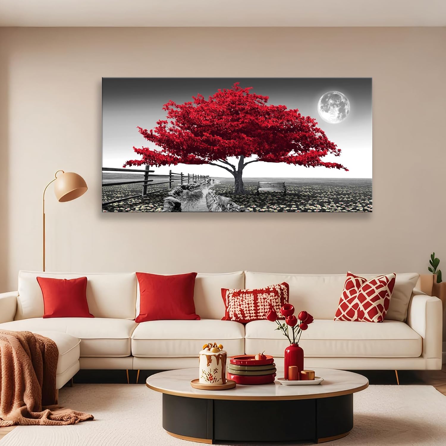 JLXART Wall Art for living Room Landscape Red Tree Canvas Wall Art Modern art decor Canvas print Artwork Contemporary Nature Pictures Painting Giclee Prints Framed Ready to Hang,20x40inch