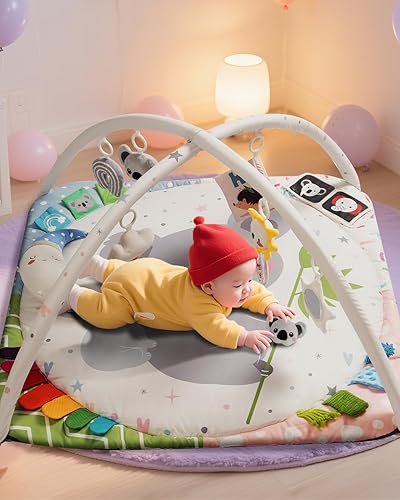 Miniatura 6 de Gimnasio de juego para bebés con 4 zonas de desarrollo, tapete para el tiempo boca abajo y tapete de actividades con 6 juguetes sensoriales,