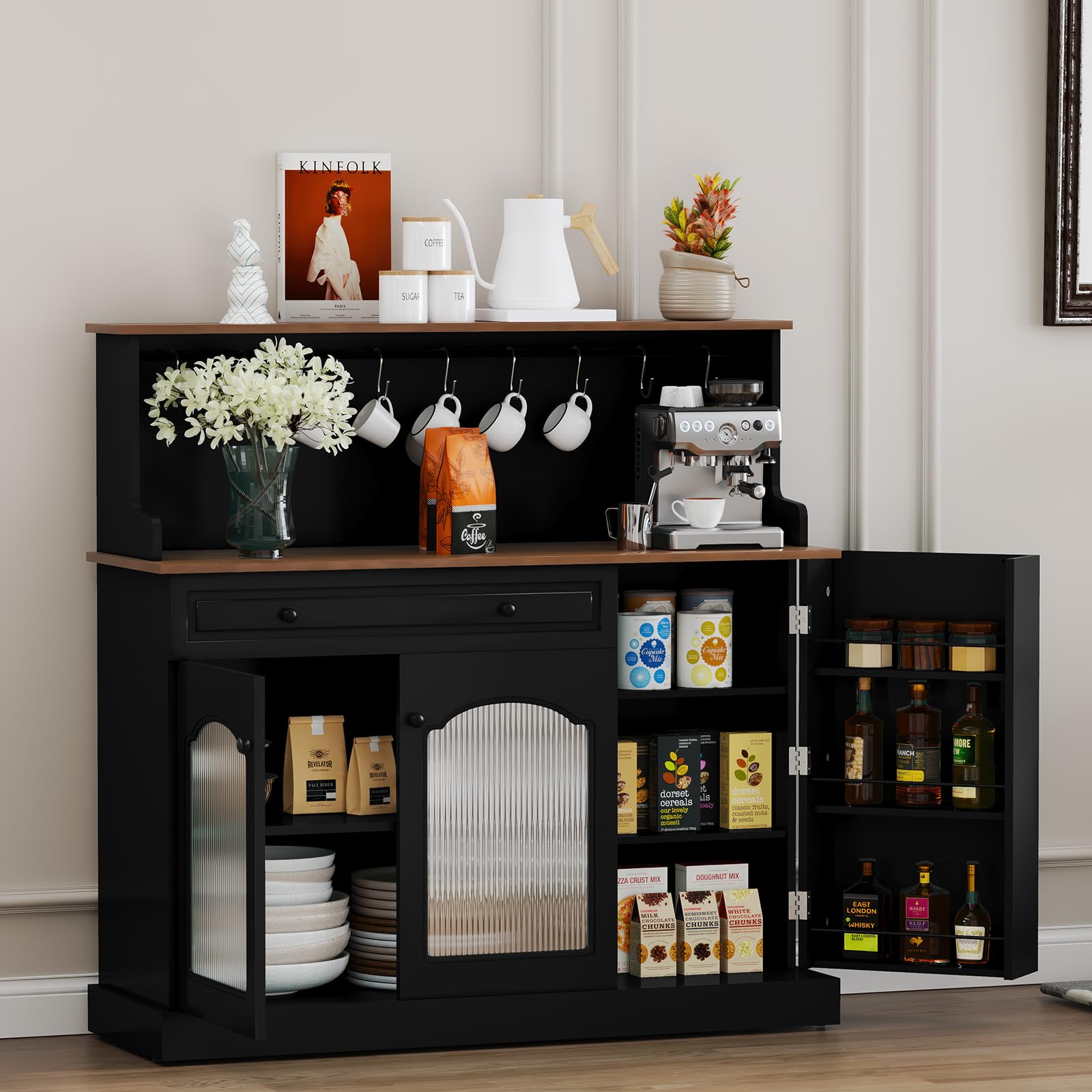 HOLTICO Credenza da Cucina Multifunzione, Armadietto per Microonde con Cassetto e Ganci per Tazze, Buffet Moderno per Soggiorno e Sala da Pranzo, Colore Nero Scuro