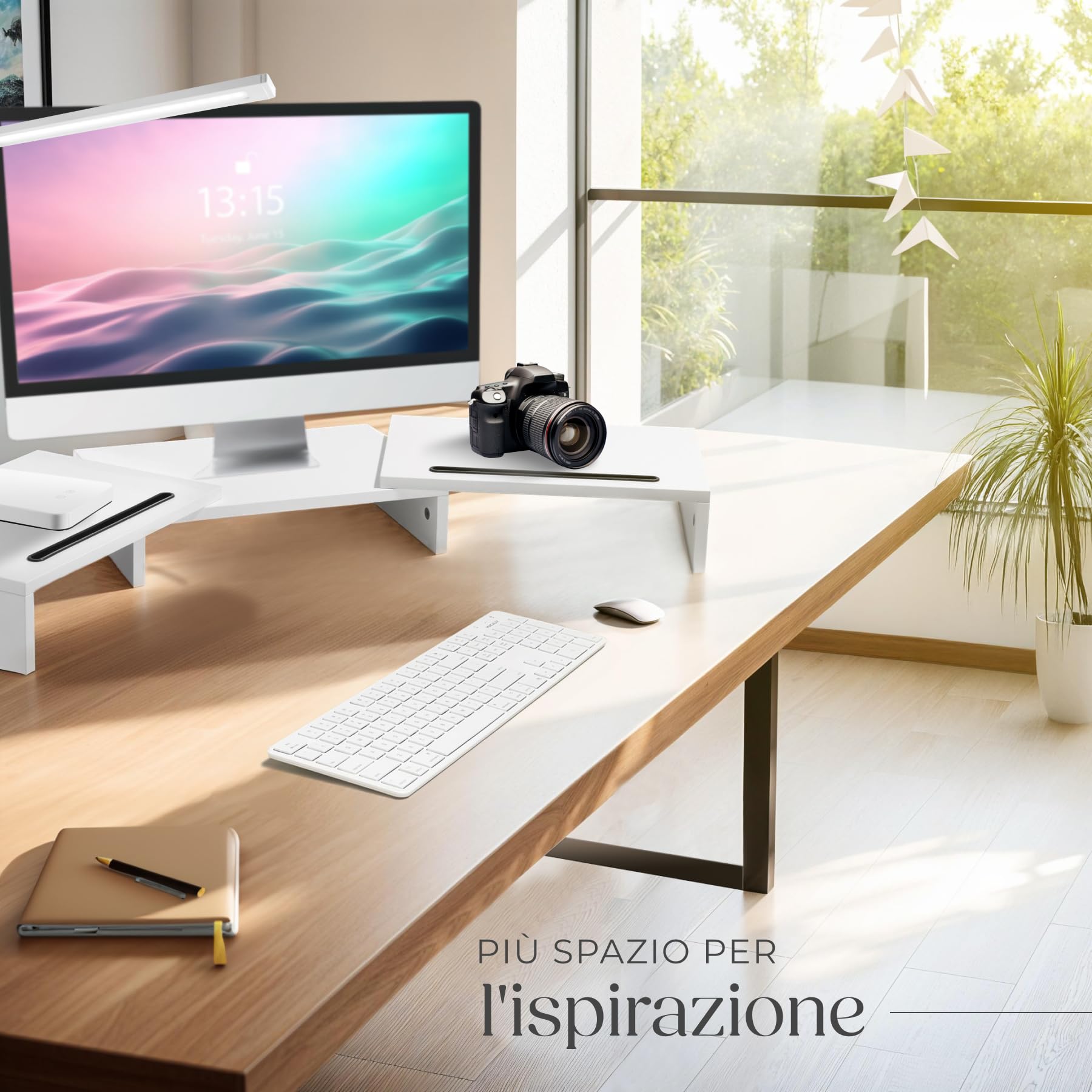 tectake® Supporto Monitor a 3 Pezzi, Rialzo Monitor Design Ergonomico, Supporto per Monitor con Parti Regolabili e Girevoli, Spazio per Accessori, 2 Supporti per Smartphone - Bianco