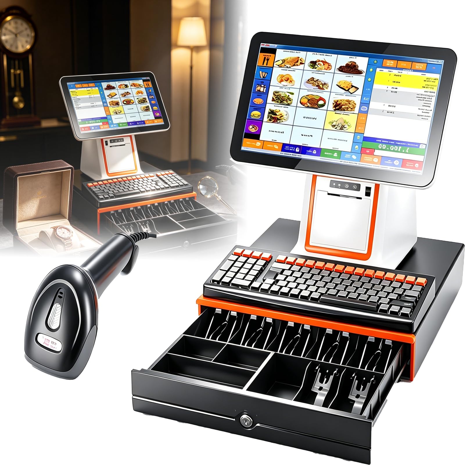 Jiayiyoux 15.6" Touchscreen Pos Cash Register Machine with Keyboard & Scanner -All in One POS System, Built-In 58Mm Printer for Business And Business And Retail Businesses,White,SingleScreen