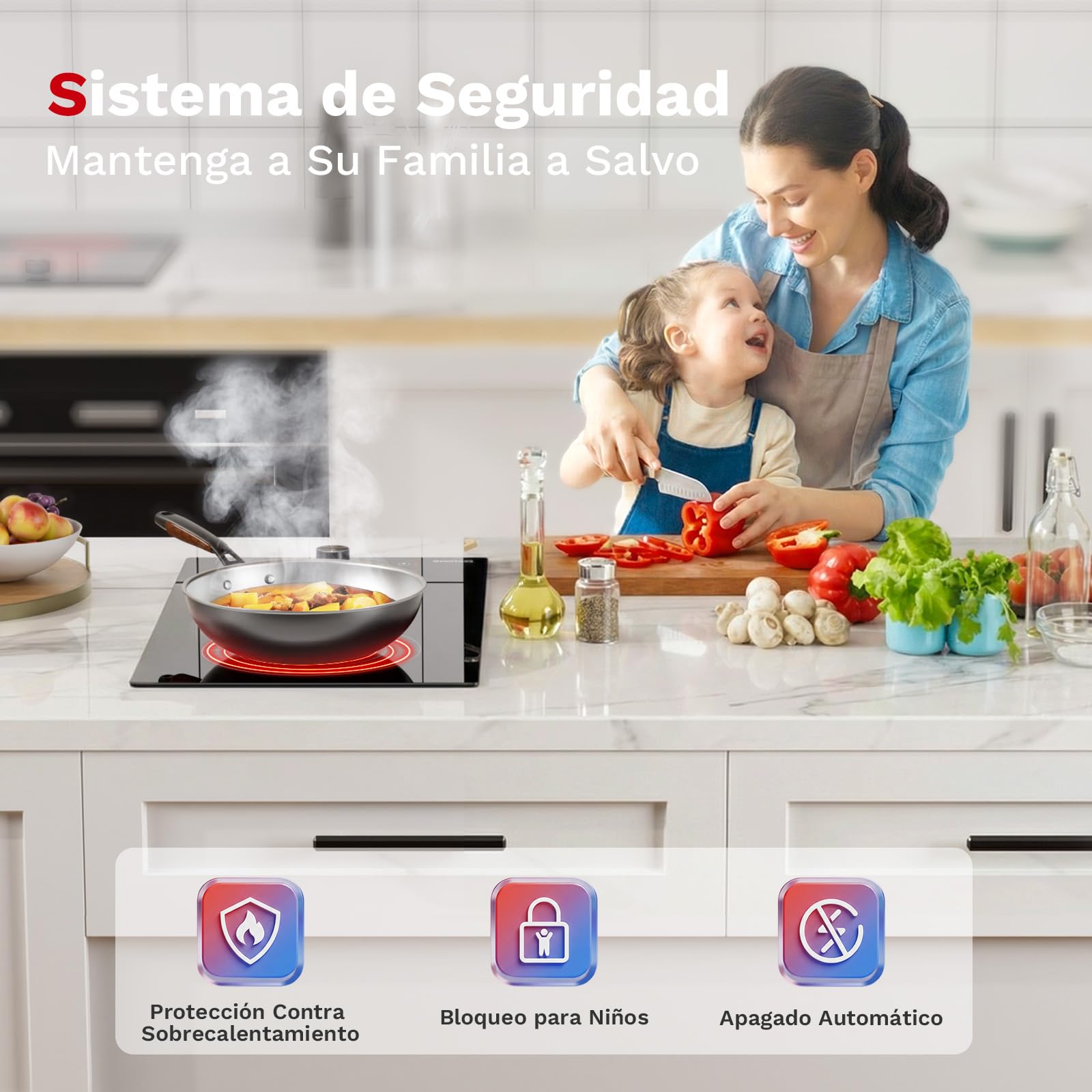 WEHIMO Placa Vitroceramica 2 Fuegos, 3400W, Control con Mandos Giratorios, Quemadores de Doble Corona, 9 Niveles de Potencia, Control Táctil, Seguridad para Niños, Temporizador de 1 a 99 Minutos