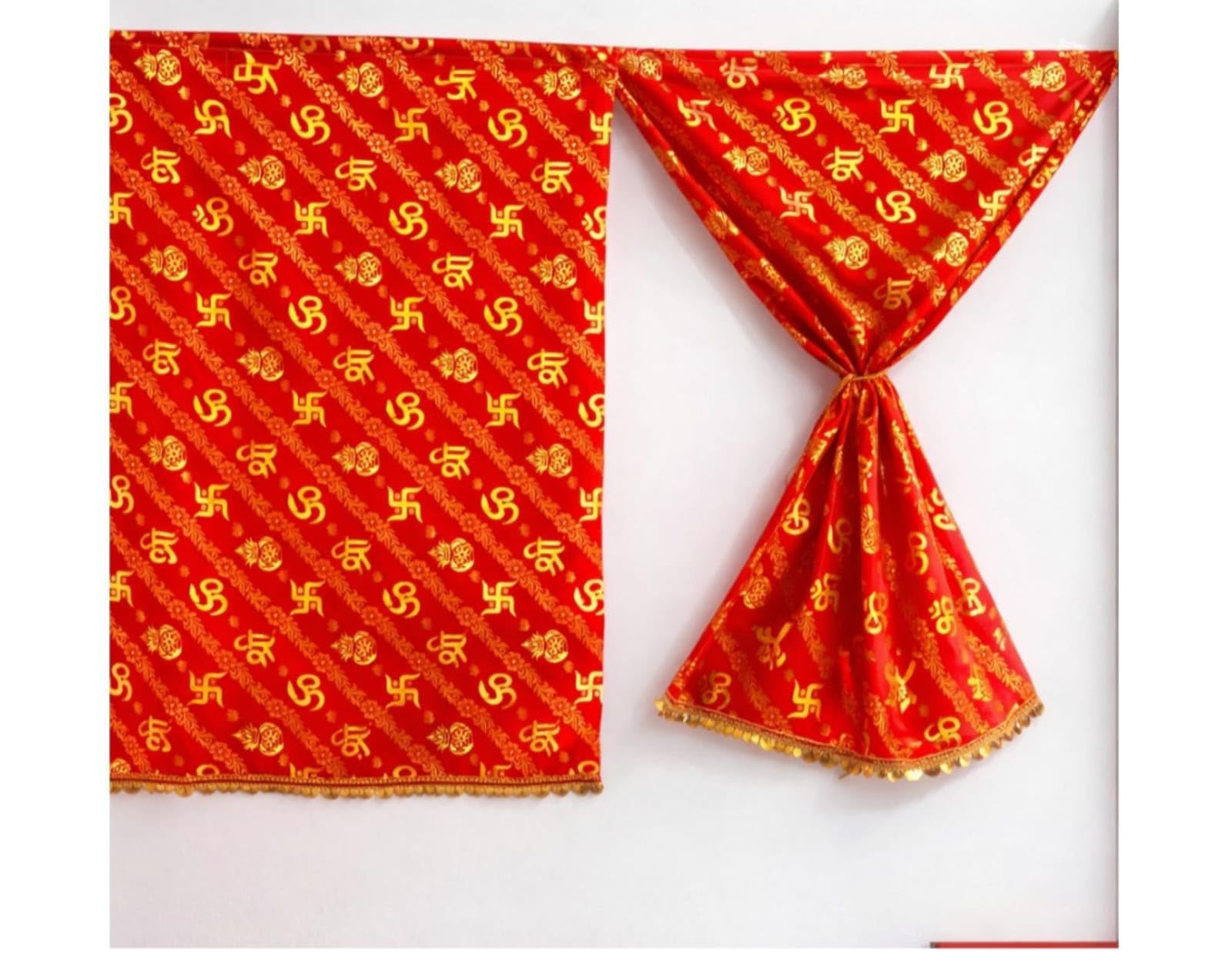 Sub Om 3 ft Length and 3 feet Width Curtain, Red and Gold Religious Pattern, Decorative Door Curtain with Pom Pom Trim-image-28