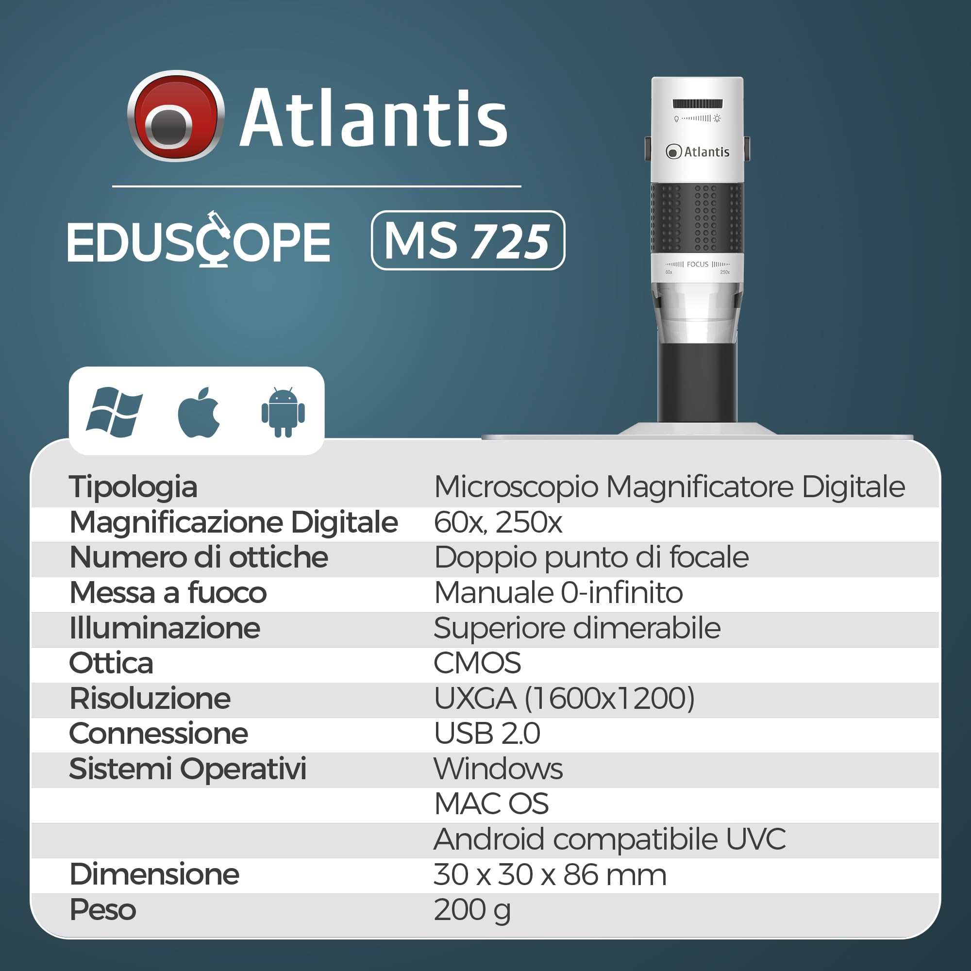 Microscopio Digitale USB Magnificatore Ingranditore Atlantis E45-MS725, Risoluzione UXGA 1600x1200. Doppio fuoco, ingrandimento 60x e 250x. Regolazione millimetrica altezza e lunghezza, PC,MAC Android