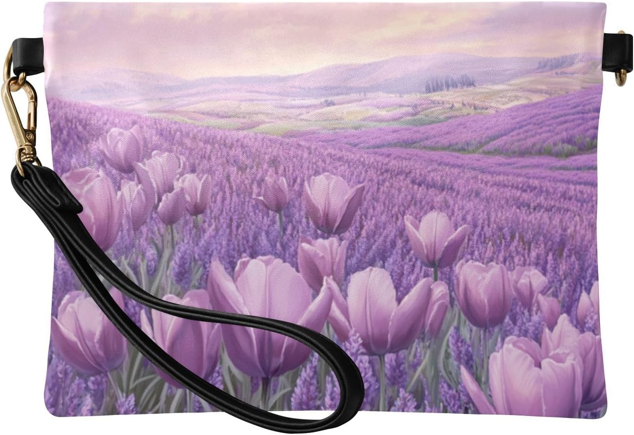 PU Leather Clutch Handbags for Women Casual Envelope Clutch Bag for Wedding Purple Lavender Flowers