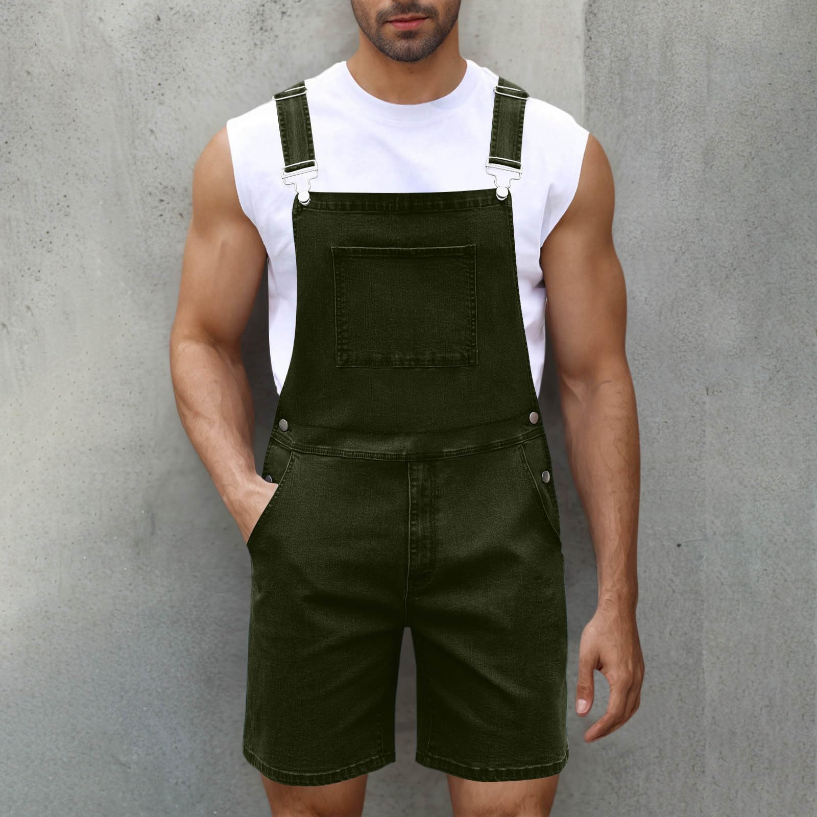 Salopette da uomo in denim salopette e bretelle salopette con tasca con cerniera tuta corta tinta unita casual jeans pantaloncini tuta da lavoro