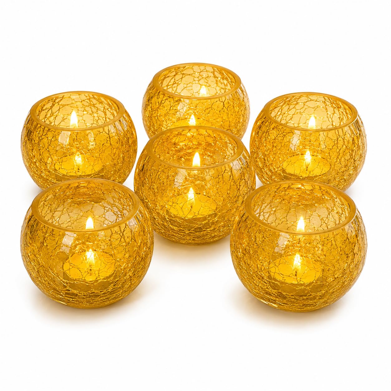 RUPIKA Set of 6 Yellow Crackle Glass Tealight Candle Holders for Diwali Decoration, Home Decor, Table Decor, Wedding, Festival & Gift Items