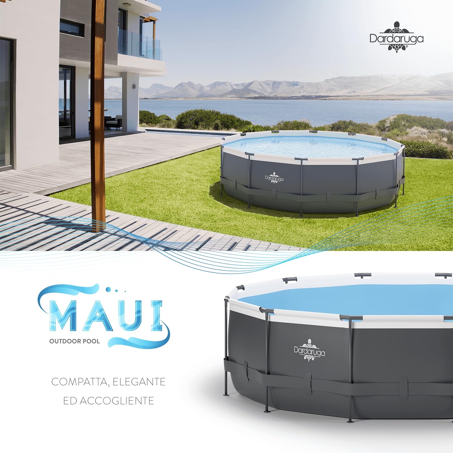 Piscina Fuori Terra Dardaruga Ø 488 x 132 cm | Mod. MAUI (2026) | Marchio Italiano | Scala + Copertura + Telo Base + Pompa Filtro Energy Saver | Materiali PREMIUM | Garanzia e Assistenza ITALIA