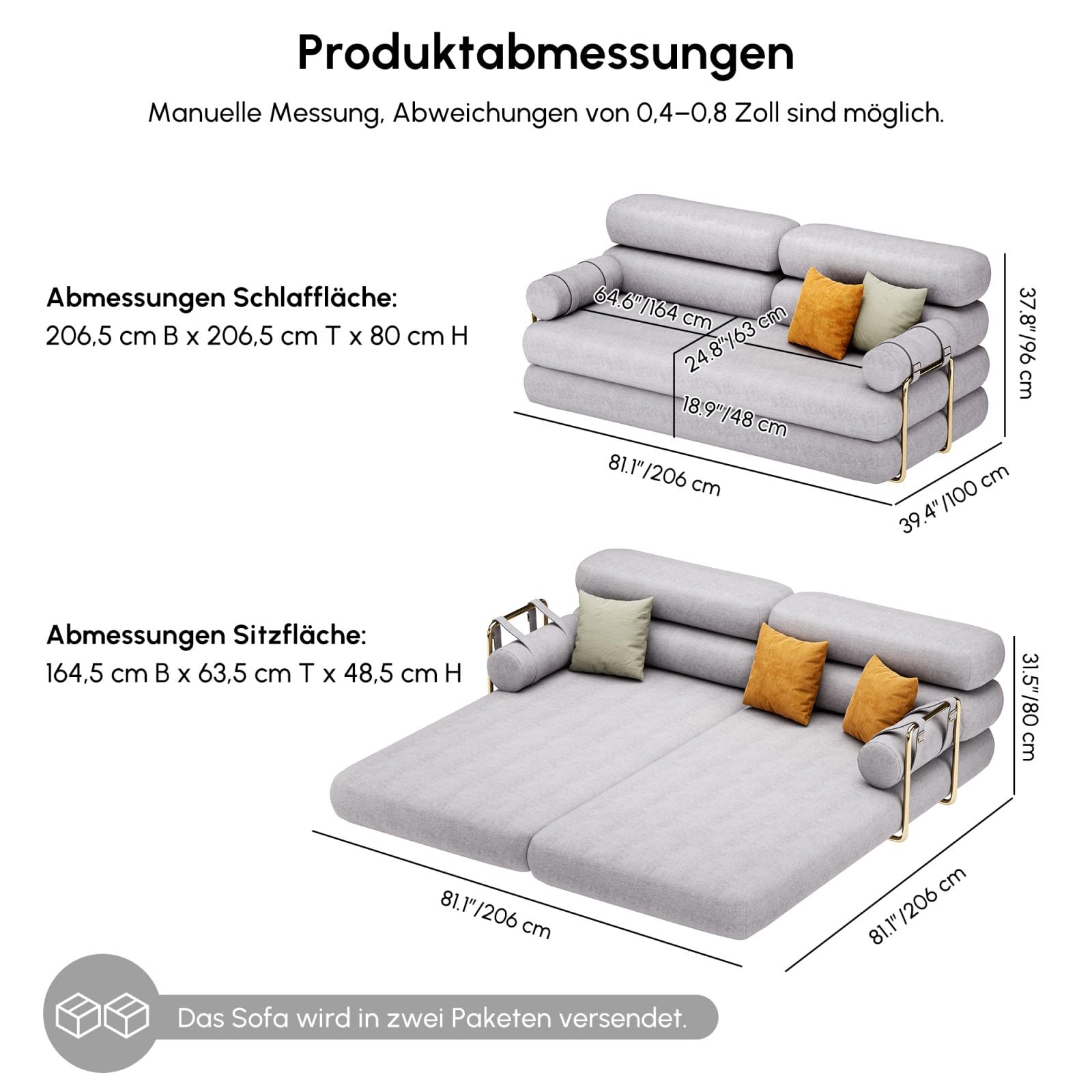 Homary Schlafsofa mit Schlaffunktion Klappbares, Samtbezug Sofa Bed Klappbett, 3-Sitzer Big Sofa 206 cm, Moderne Weiße Sofa mit Nackenkissen, Sofas & Couches für Wohnzimmer, Gästezimmer (Hellgrau)