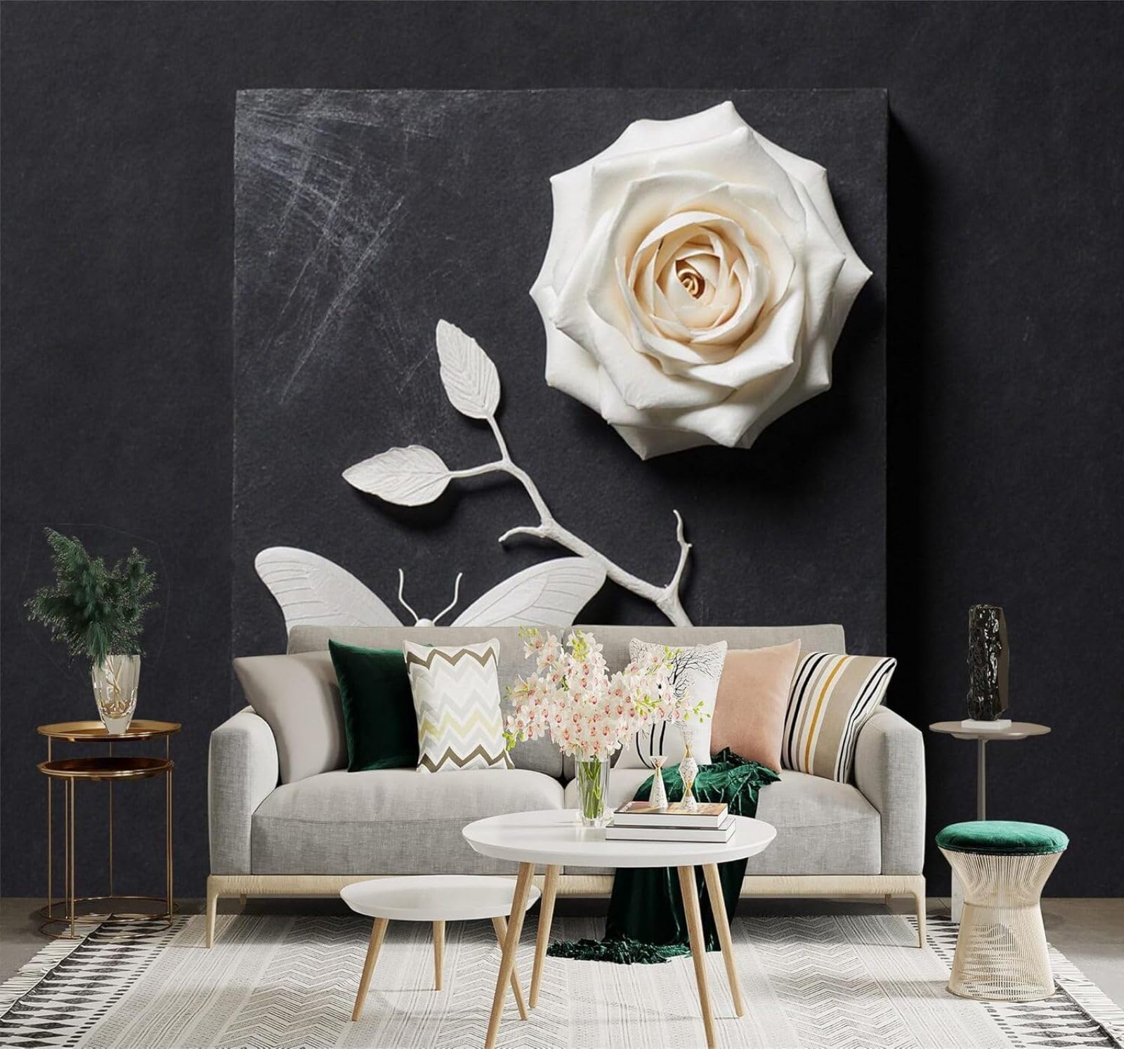Xlming 150Cm×105Cm(B×H) Three Dimensional Black Background White Rose Butterfly Tree Branch 3D Wallpaper Silky Texture Home Study Office Grey Dining Room Sofa Bedroom Living Room Tv Backdrop-150Cm×105Cm
