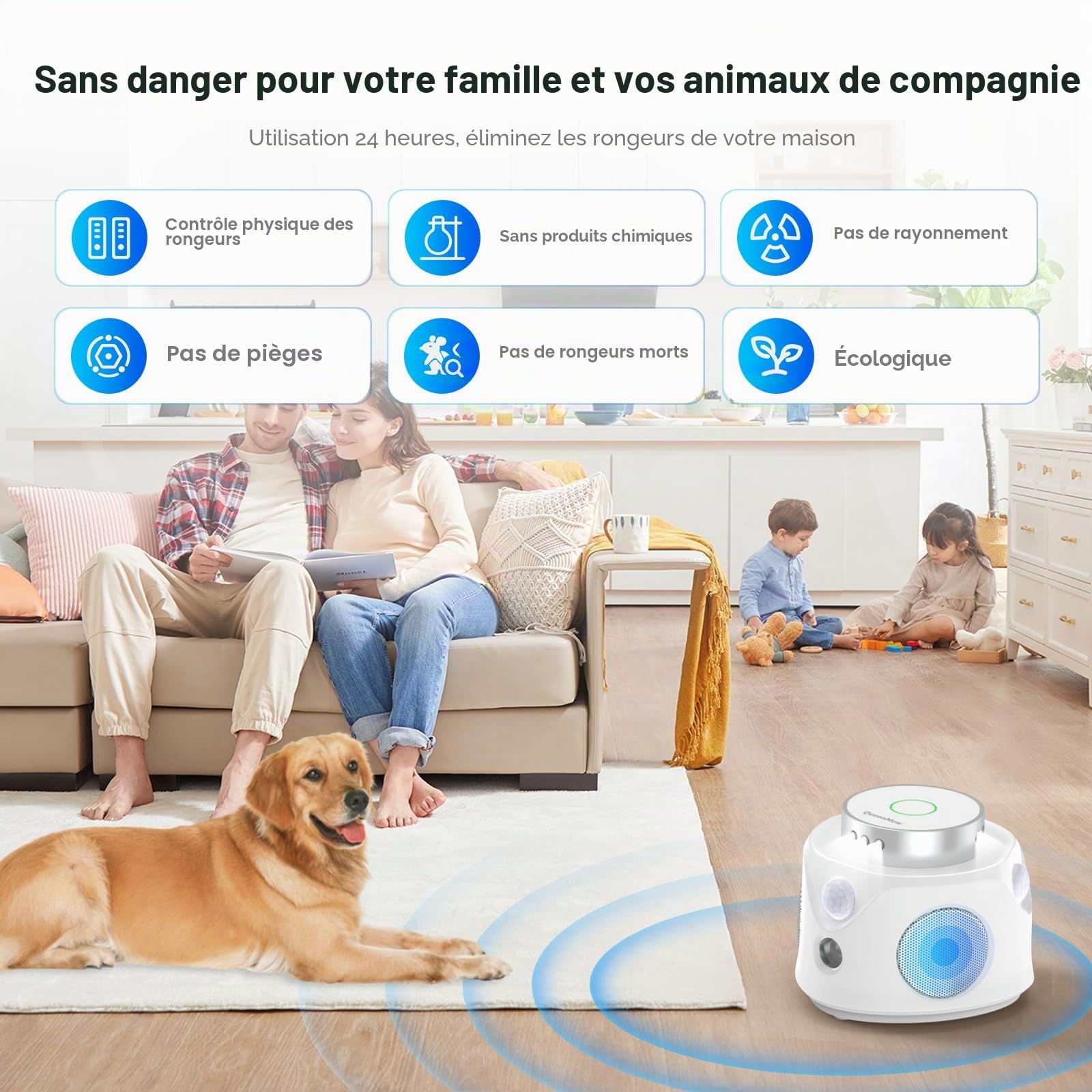 Ultrason Souris et Rats, Repulsif Souris Ultrasons 360° Anti Souris avec Lumière LED Appareil Ultrason pour Nuisible Rongeurs Plug in Répulsif Intérieur Dispositif Anti Nuisible Cafards pour Jardin