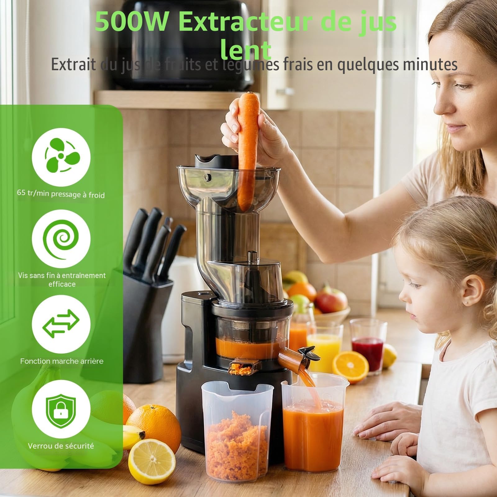 Extracteur de jus 500W, 98mm, Fonction Inverse, 2 Récipients, Sans BPA