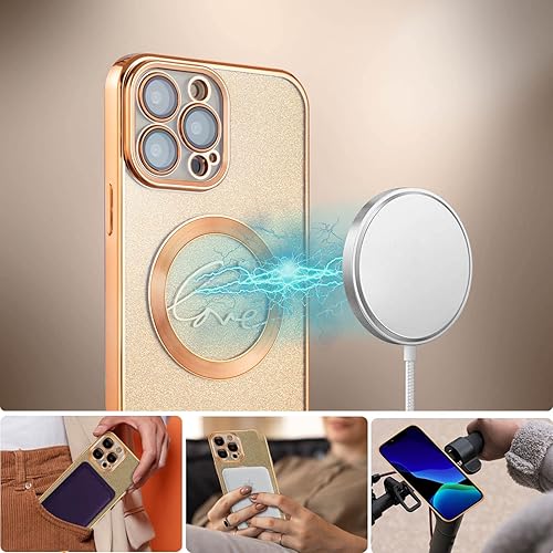 Miniatura 3 de MGQILING Funda magnética con purpurina compatible con iPhone 13 Pro, 6.1 pulgadas, funda transparente chapada en patrón de corazón de amor,