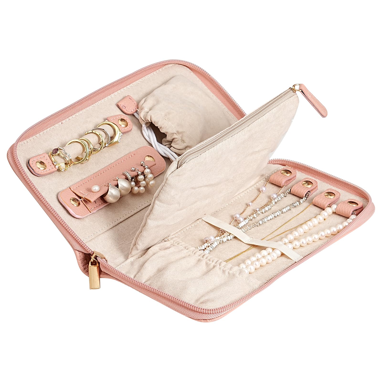 Trixes Pink Travel Jewellery Wallet – Zipped Vegan Leather Holder For Rings, Earrings, Bracelets And Necklaces Etc. – Essential Travel Accessory