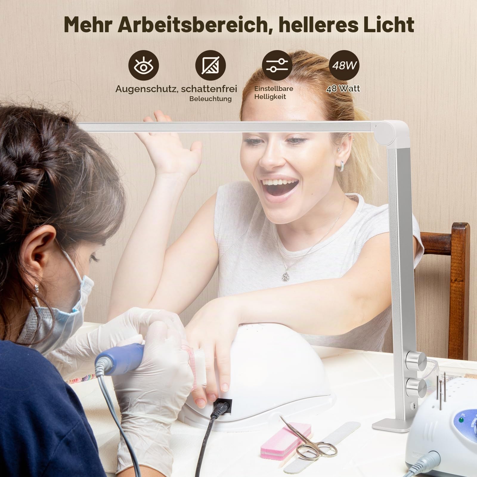 Halbmond-Lampe 80cm Nail Desk Lampe 3 Modi 3000K-6000K Dimmbare LED Maniküre Licht, Nageltisch Lampe, Schreibtischlampe für Nail Tech, Wimpernverlängerung, Tattoo, Augenbrauen