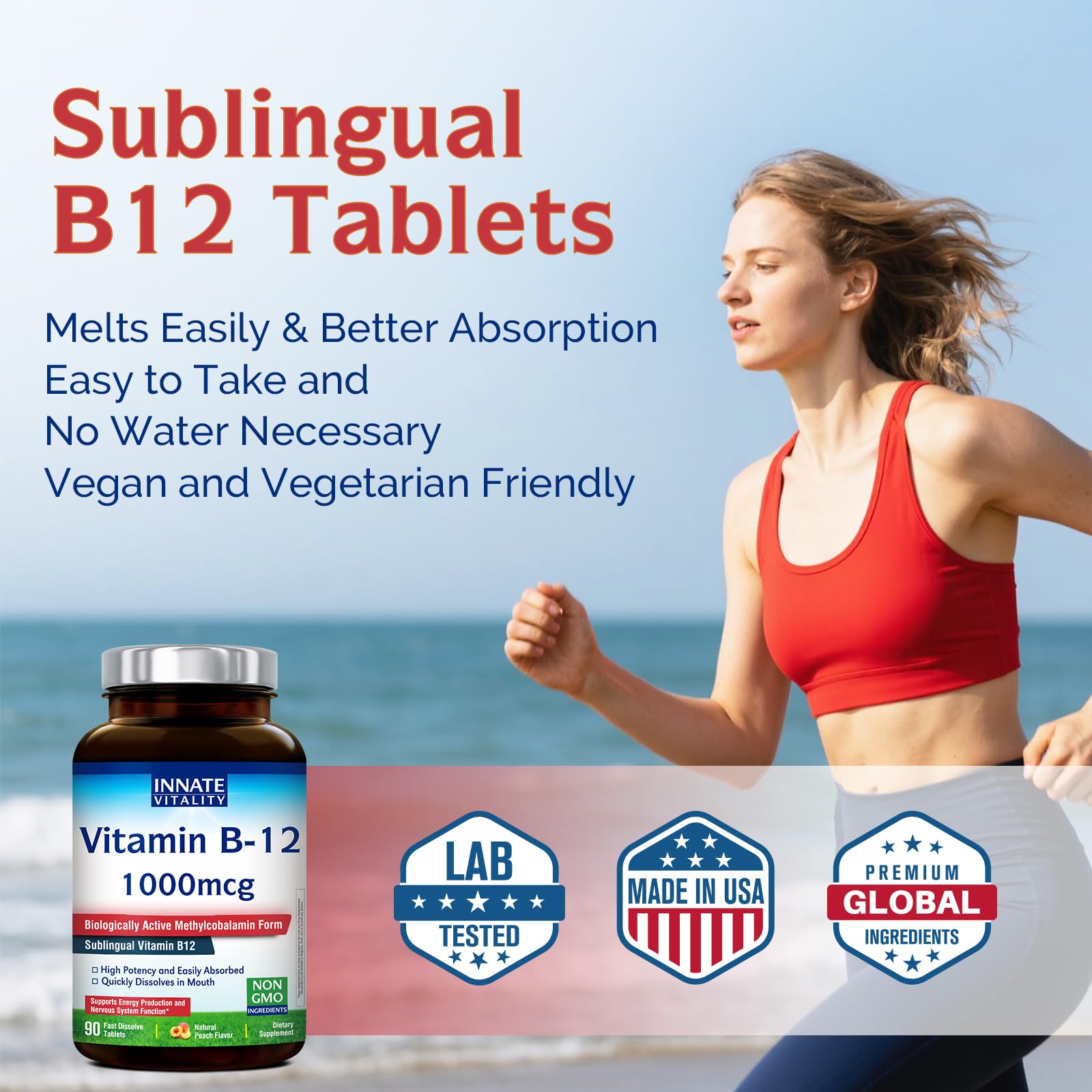 Innate Vitality Vitamin B12 1000mcg, Sublingual B12 Methylcobalamin, for Energy Metabolism, Mental Clarity, Nervous System Health, Peach Flavor, Zero Sugar, 90 Fast Dissolve Tablets — Amazon image 5