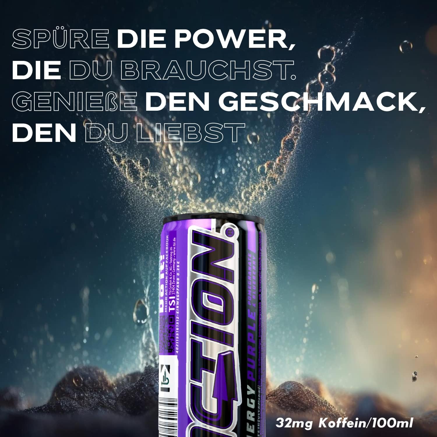 Action Energy Drink Purple (48 x 250 ml) incluye depósito – Refresco con sabor a granada y arándanos – patata energética con mayor contenido de cafeína 32 mg/100 ml cafeína rendimiento mejorado
