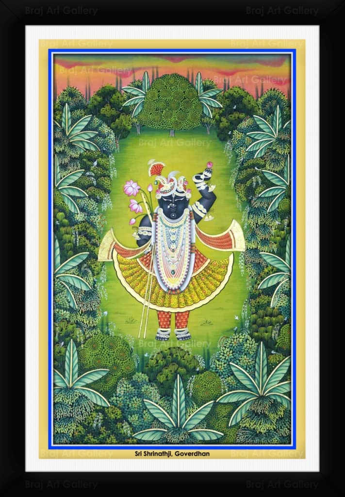 Braj Art Gallery Shrinathji Appearance in Goverdhan Forest Pichwai Painting Framed Size 13.5X19.5 Inches