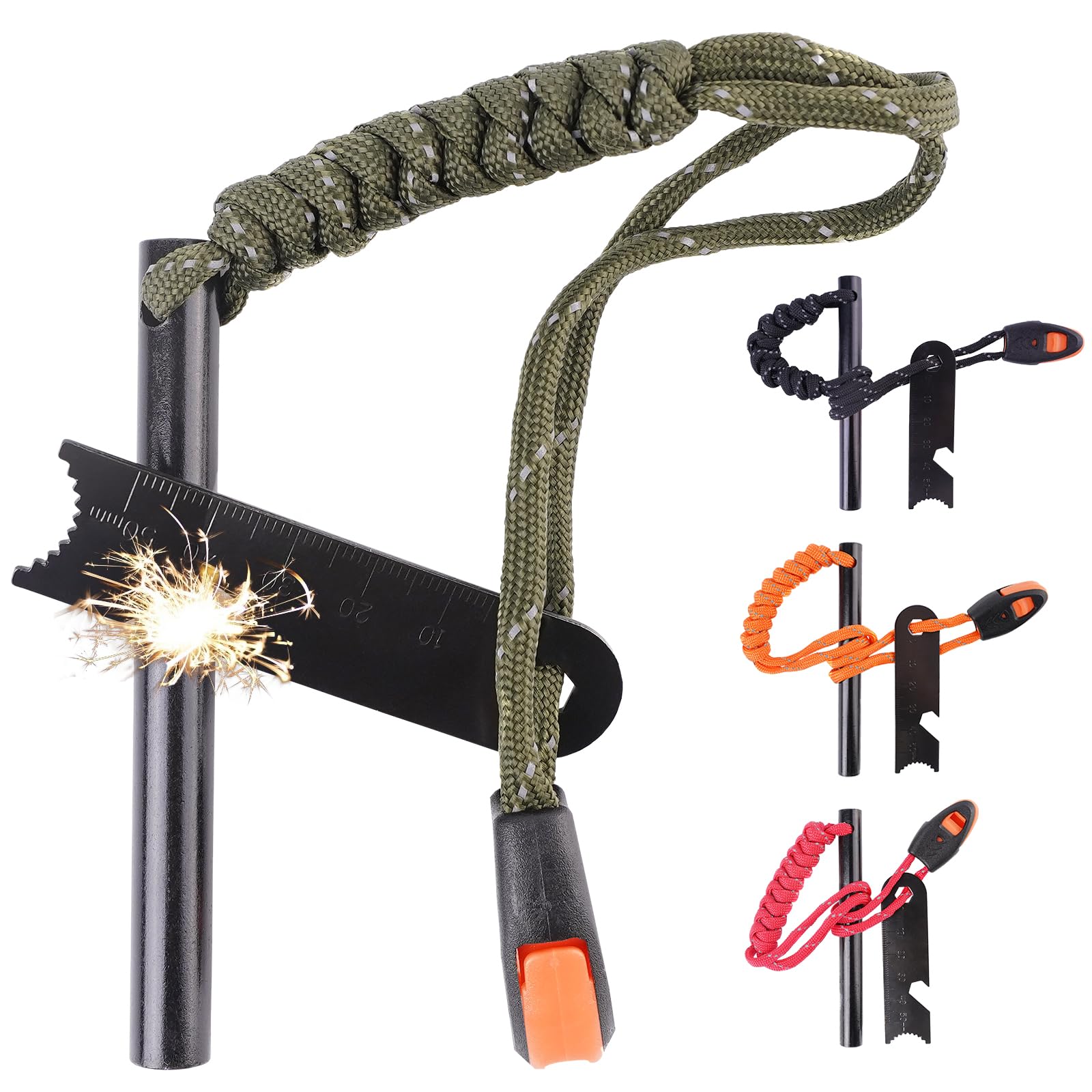Ferro Rod Fire Starter Flint Fire Starter Survival Tool Flint and Steel Fire Starter Kit 6-in-1, Portable Ferro Rod Striker with Paracord Handlead for Campfires Emergency (4Pcs Fire Starter)