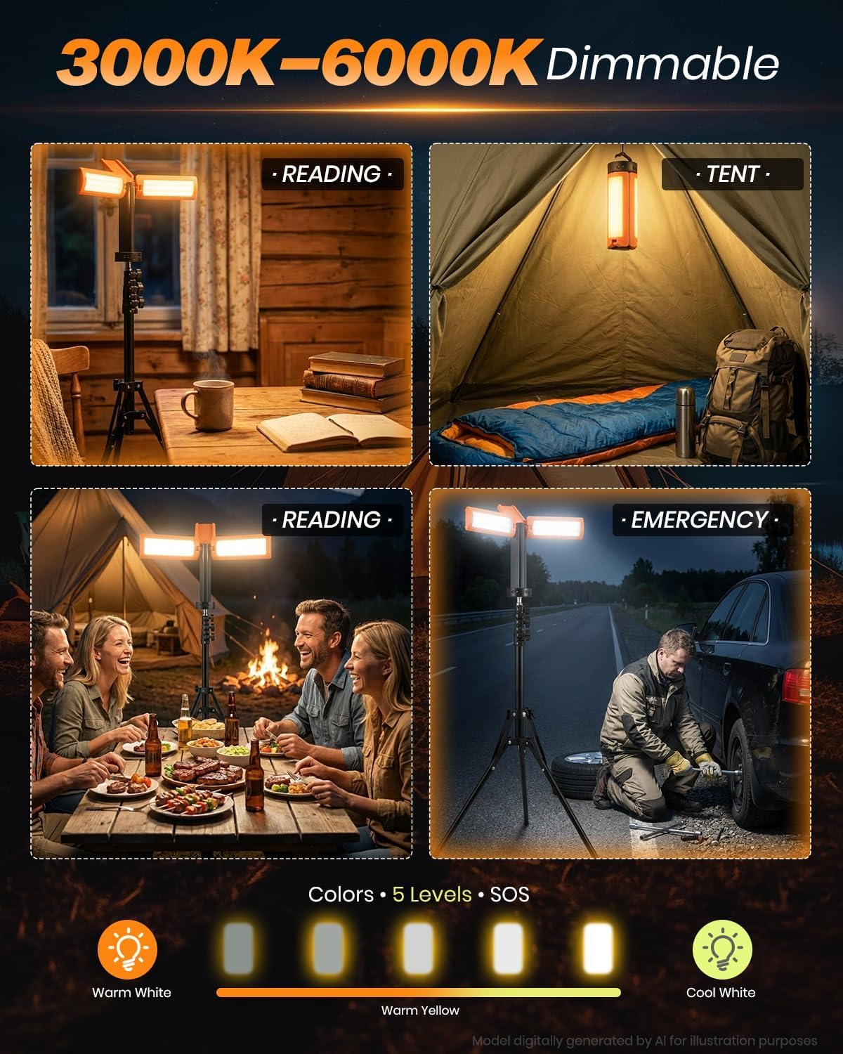 SakerNeo Wiederaufladbare Campingleuchte mit Ständer, 2000 Lumen, tragbare Campinglaterne, 3-blättrige verstellbare Köpfe, 180°/270°, 10400mAh Akku, 5 Helligkeitsstufen, Magnetfuß & Haken zum
