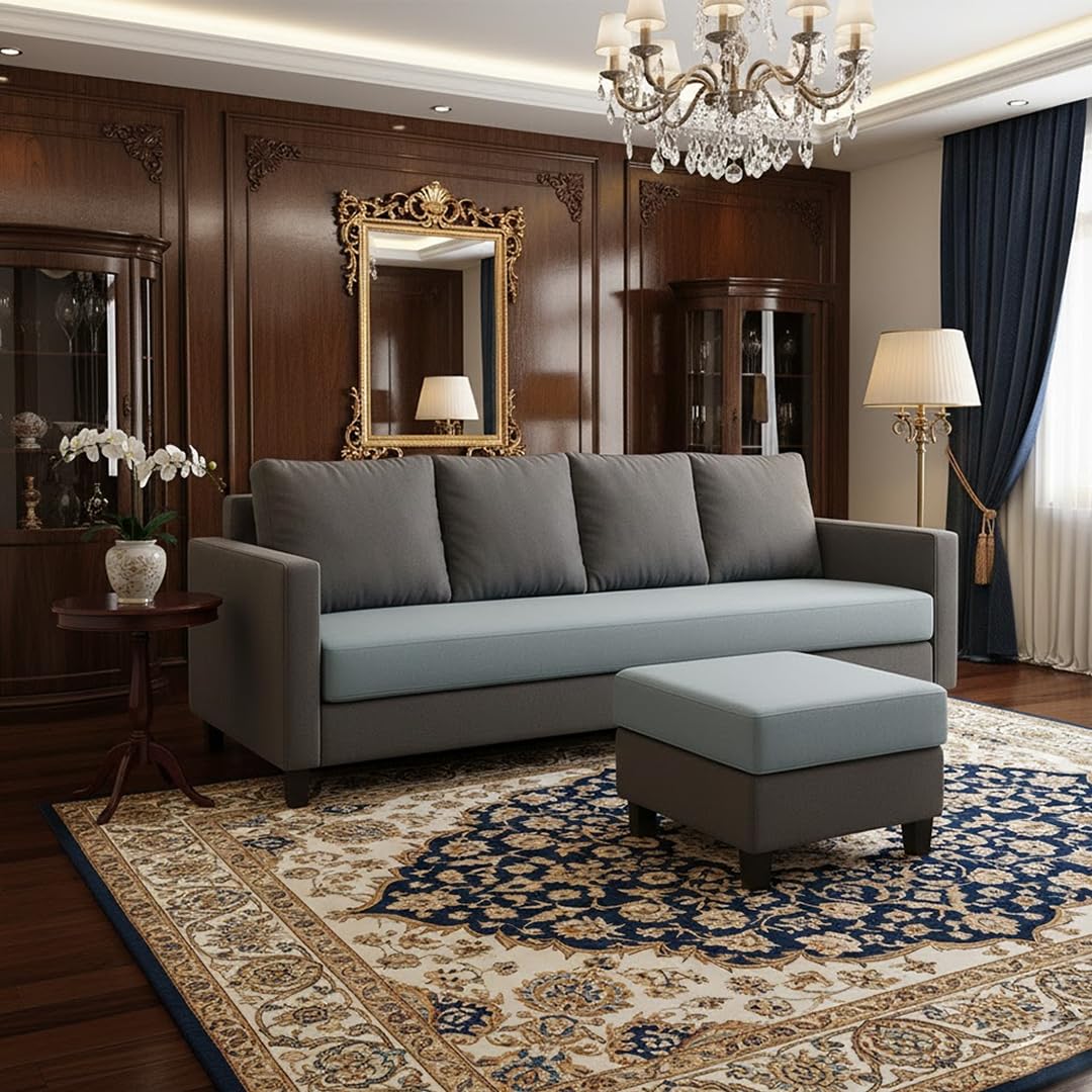 FURNY Arnold 5 Seater L Shape Sofa Set with Movable Ottoman | Flexible Left or Right Layout | Plush Velvet Fabric (Dark Grey-Light Grey) | Perfect for Living Room, Guest Room & Office