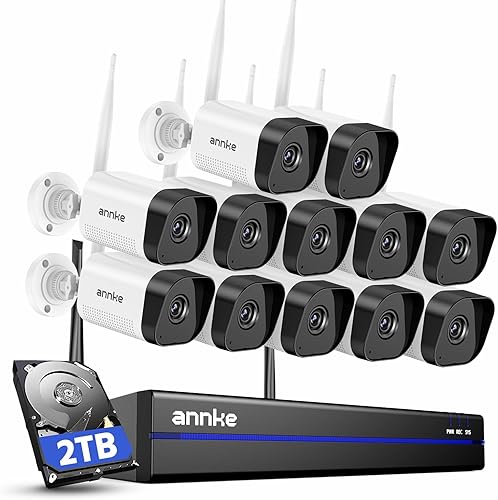 ANNKE Sistema de cámara de seguridad inalámbrica de 2 TB, kit NVR WiFi de 16 canales 4K, 12 unidades de cámara de vigilancia CCTV de 3MP para