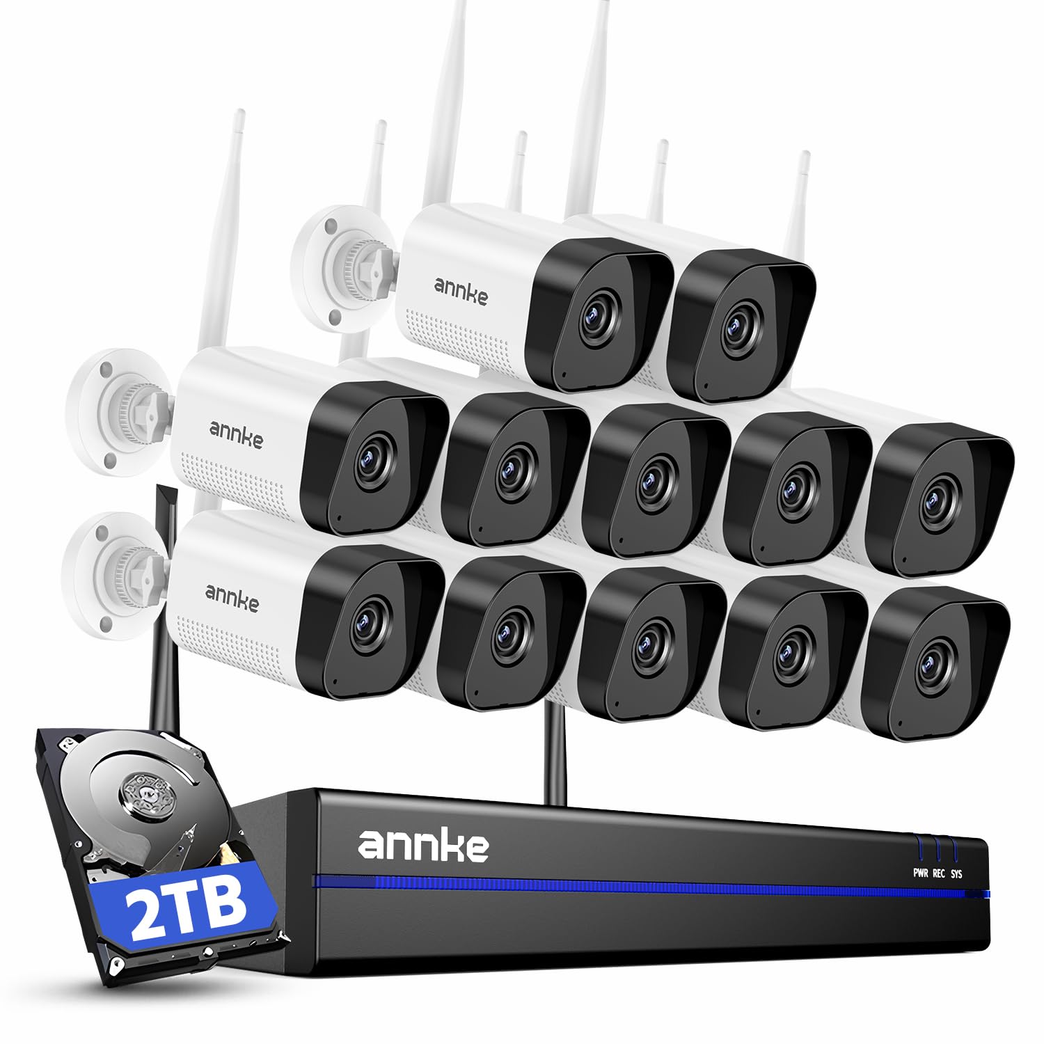 ANNKE Wireless Security Camera System, 16CH 4K WiFi NVR Kit, 12Pcs 3MP CCTV Home Surveillance Cam for Indoor/Outdoor, 2-Way Audio, Night Vision, Weatherproof IP66, Motion Detection, 2TB Hard Drive