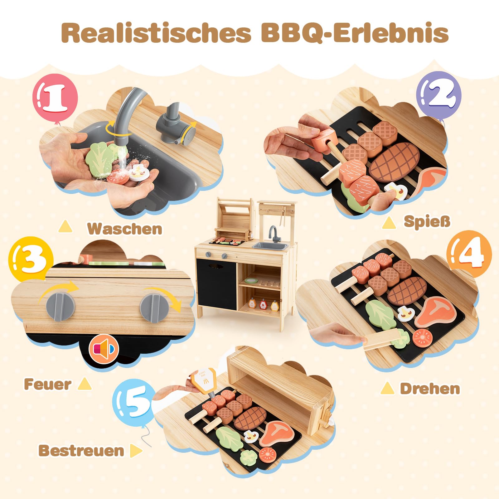 COSTWAY Matschküche Kinder Outdoor, Kindergrill mit Grill-Zubehör, BBQ Grill Spielset mit Tafel & Spülbecken, Spielküche Outdoorküche für Jungen & Mädchen ab 3 Jahren