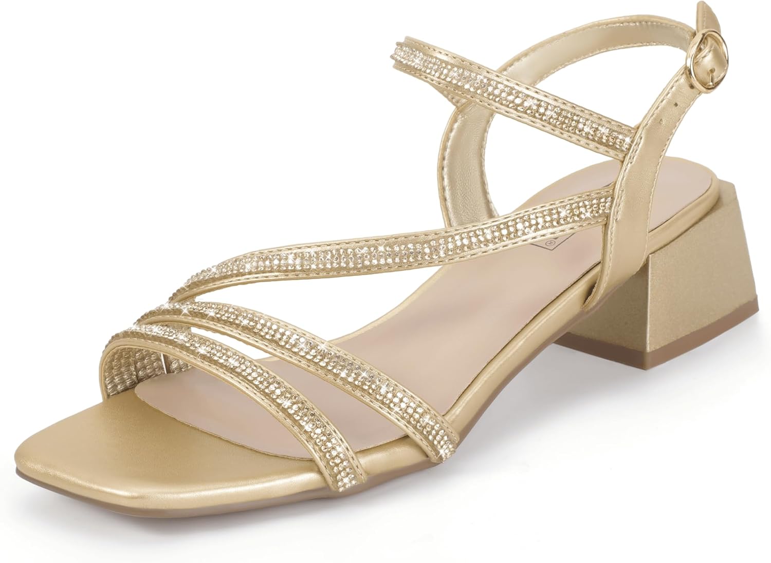 IDIFU IN2 Rhinestone Low Heels for Women Strappy Chunky Block Short Square Open Toe Heeled Sandals Wedding Bride Party Dress Shoes Comfortable Dressy Sparkly Bling Thick Heels