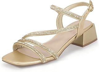 IN2 Rhinestone Strappy Heels for Women Low Block Chunky Heels Square Open Toe Slingback Heeled Sandals Prom Wedding Bridal Dress Shoes Comfortable Sparkly Dressy Cute Trendy Short Thick Heels - Buy now
