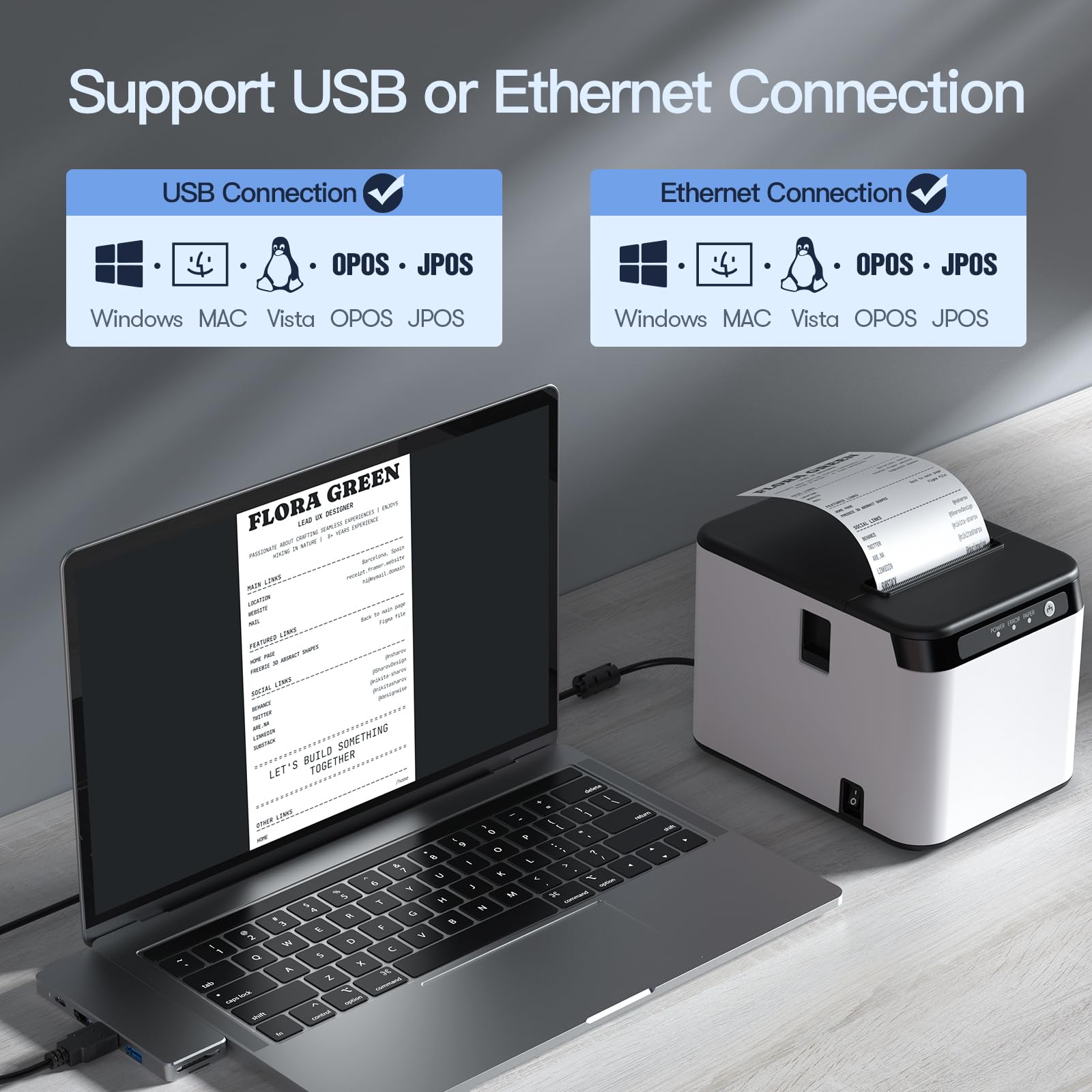 Bisofice Impresora de recibos de 80 mm, impresora térmica ESC/POS, impresión directa de escritorio, conexión USB + LAN, alta eficiencia con cortador automático, contenedor de papel grande para envío,