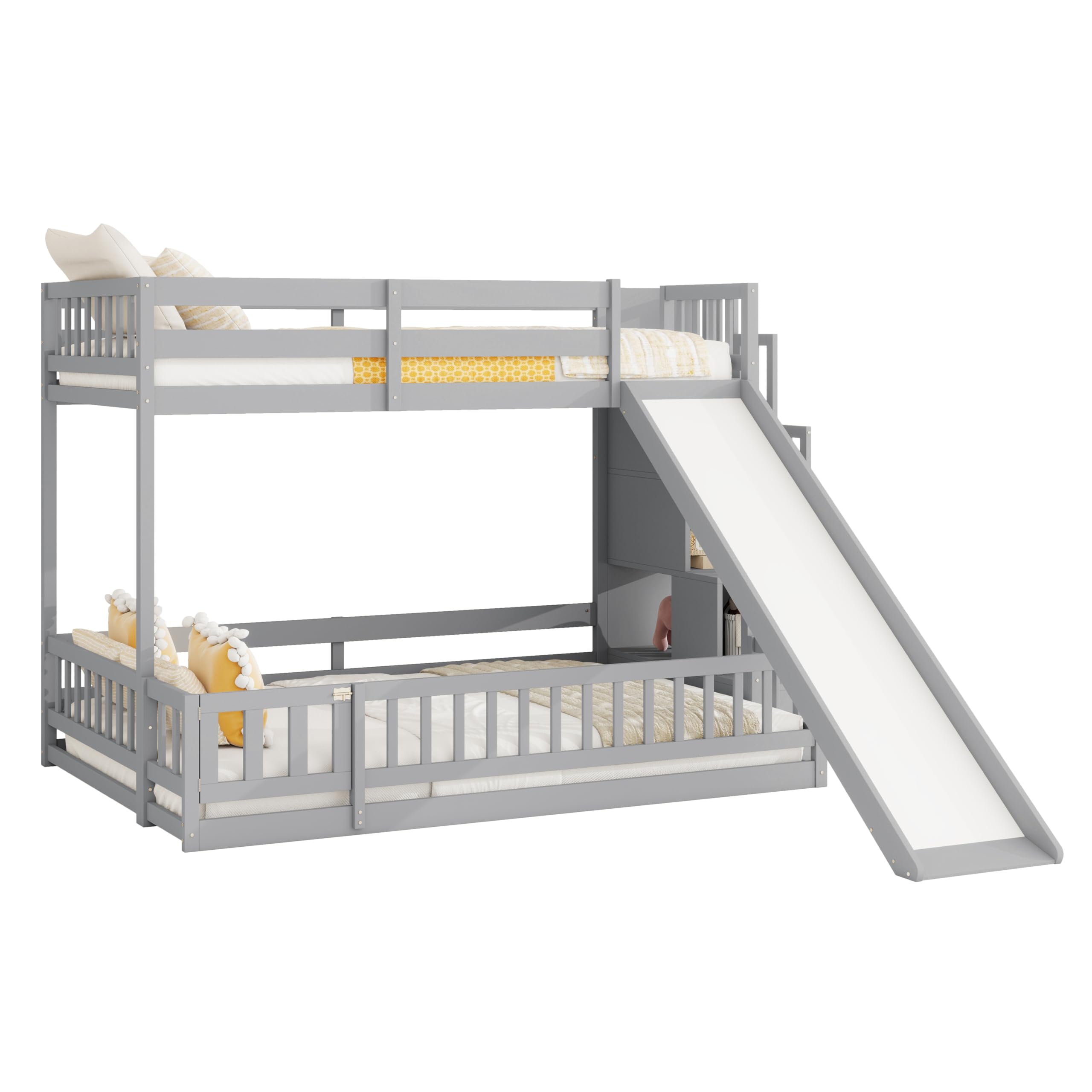 Photo 1 of ** two boxes. Dent/chip damage** PVWIIK Staircase Twin Over Full Bunk Bed with Slide & Storage for Girls Boys,Home Furniture Wood Bunkbeds with Safety Guardrails,Space Saving Design, Grey